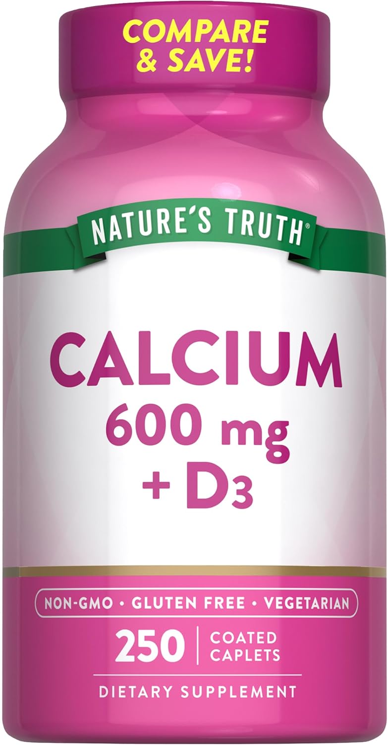 Calcium Carbonate Supplement with Vitamin D3 | 600mg | 250 Caplets | Vegetarian, Non-GMO & Gluten Free