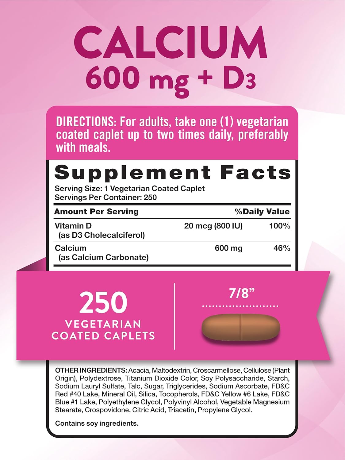 Calcium Carbonate Supplement with Vitamin D3 | 600mg | 250 Caplets | Vegetarian, Non-GMO & Gluten Free