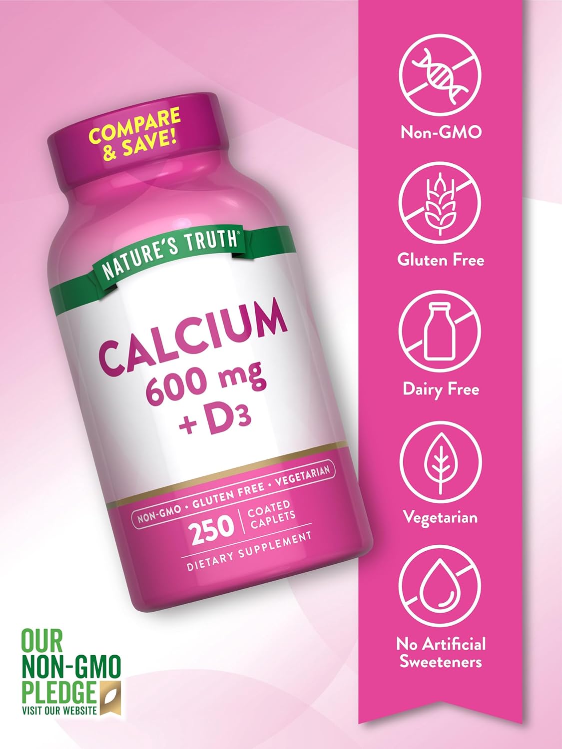 Calcium Carbonate Supplement with Vitamin D3 | 600mg | 250 Caplets | Vegetarian, Non-GMO & Gluten Free