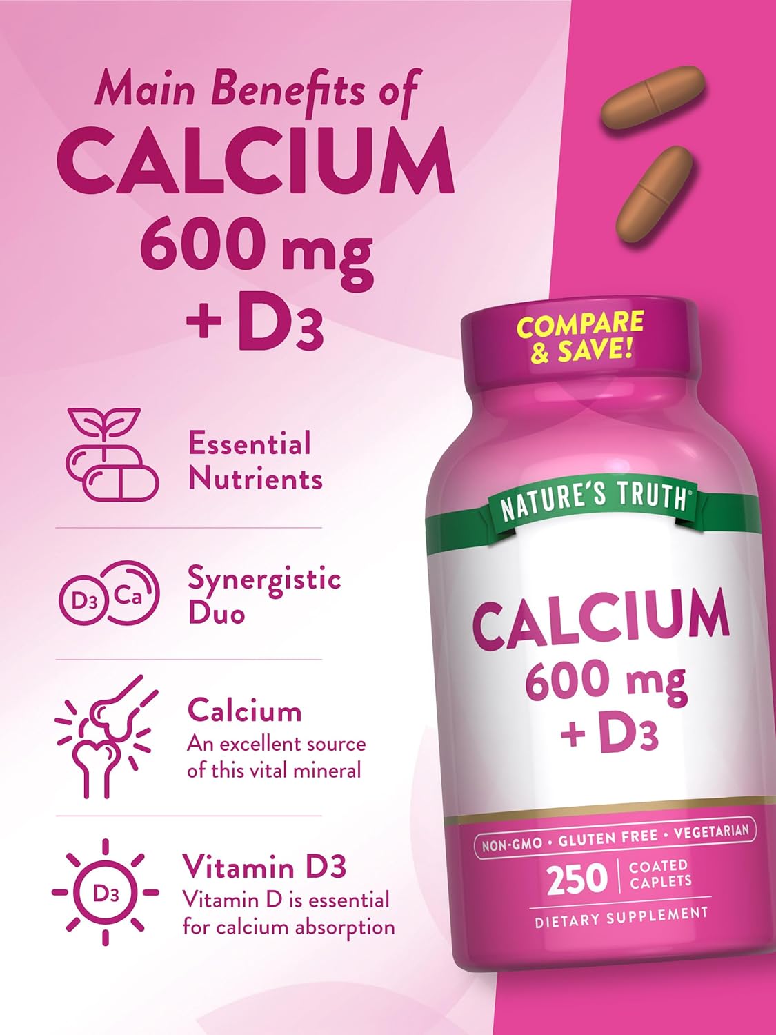 Calcium Carbonate Supplement with Vitamin D3 | 600mg | 250 Caplets | Vegetarian, Non-GMO & Gluten Free