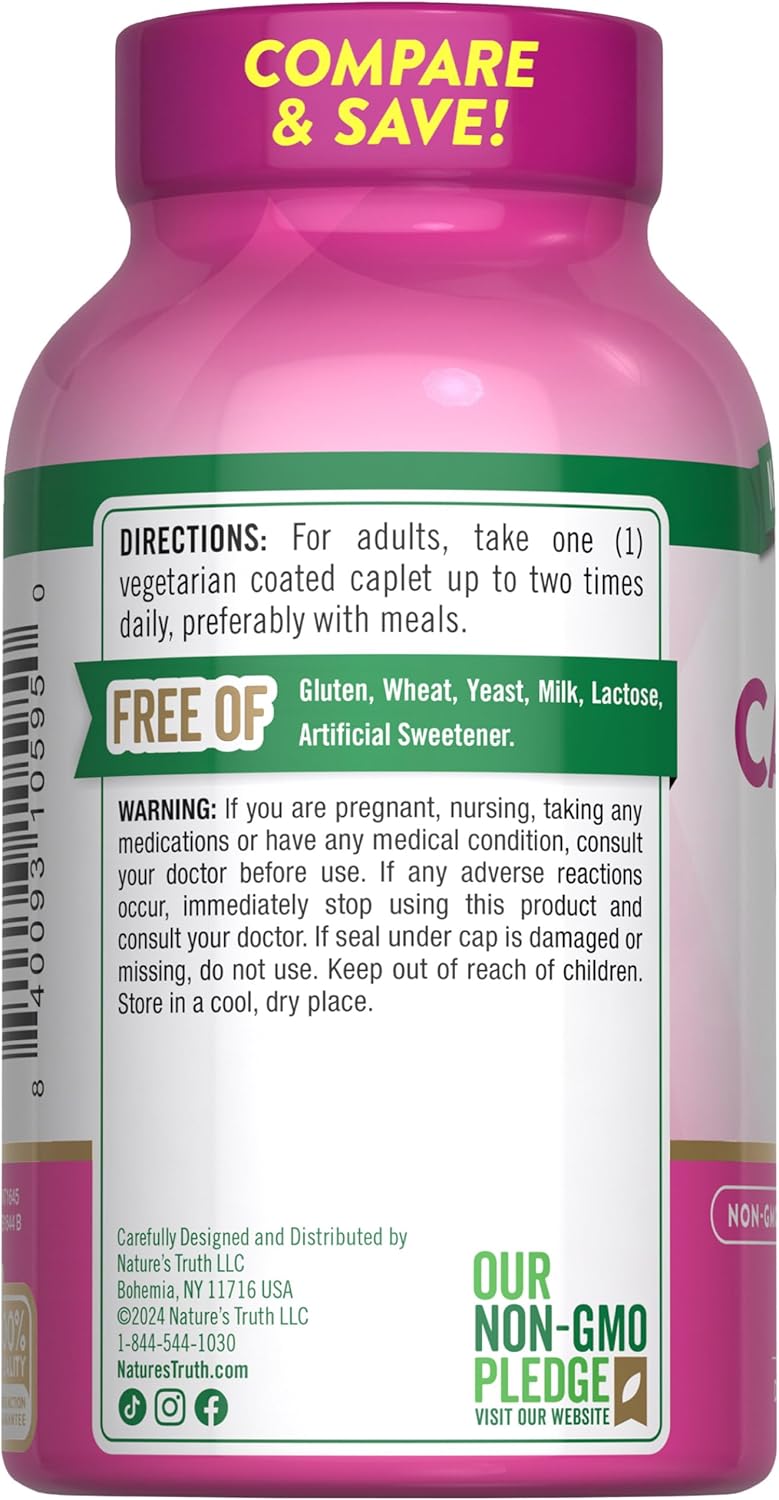 Calcium Carbonate Supplement with Vitamin D3 | 600mg | 250 Caplets | Vegetarian, Non-GMO & Gluten Free