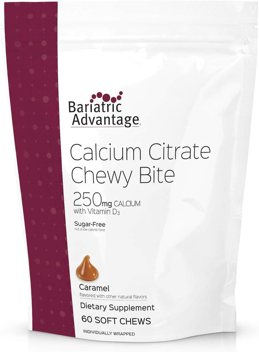 Calcium Citrate Chewy Bites 250mg with Vitamin D3 for Bariatric Surgery Patients - Caramel Flavor, 60 Count - Sugar-Free Chewable Supplement