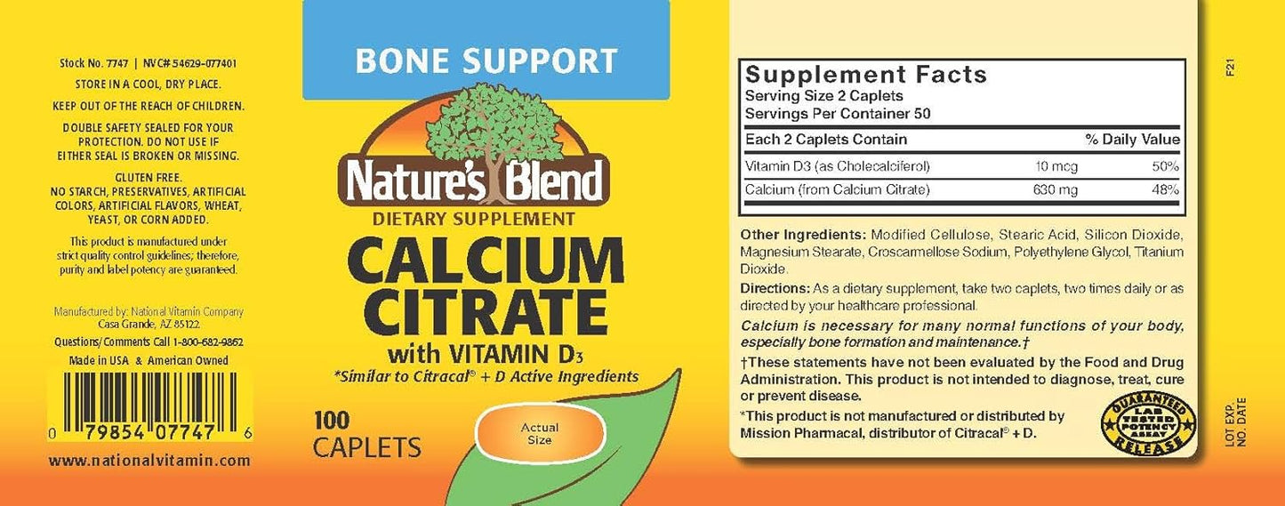 Calcium Citrate with Vitamin D3 - 100 Caplets by Nature's Blend - BoostGo Australia