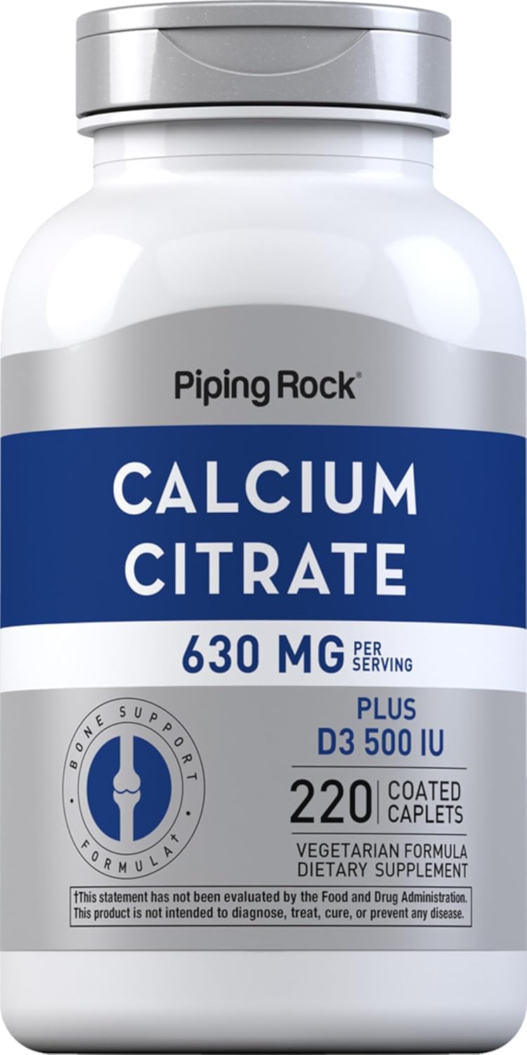 Calcium Citrate with Vitamin D3 Caplets for Women and Men - 630 mg - 220 Count - Vegetarian, Non-GMO, Gluten Free