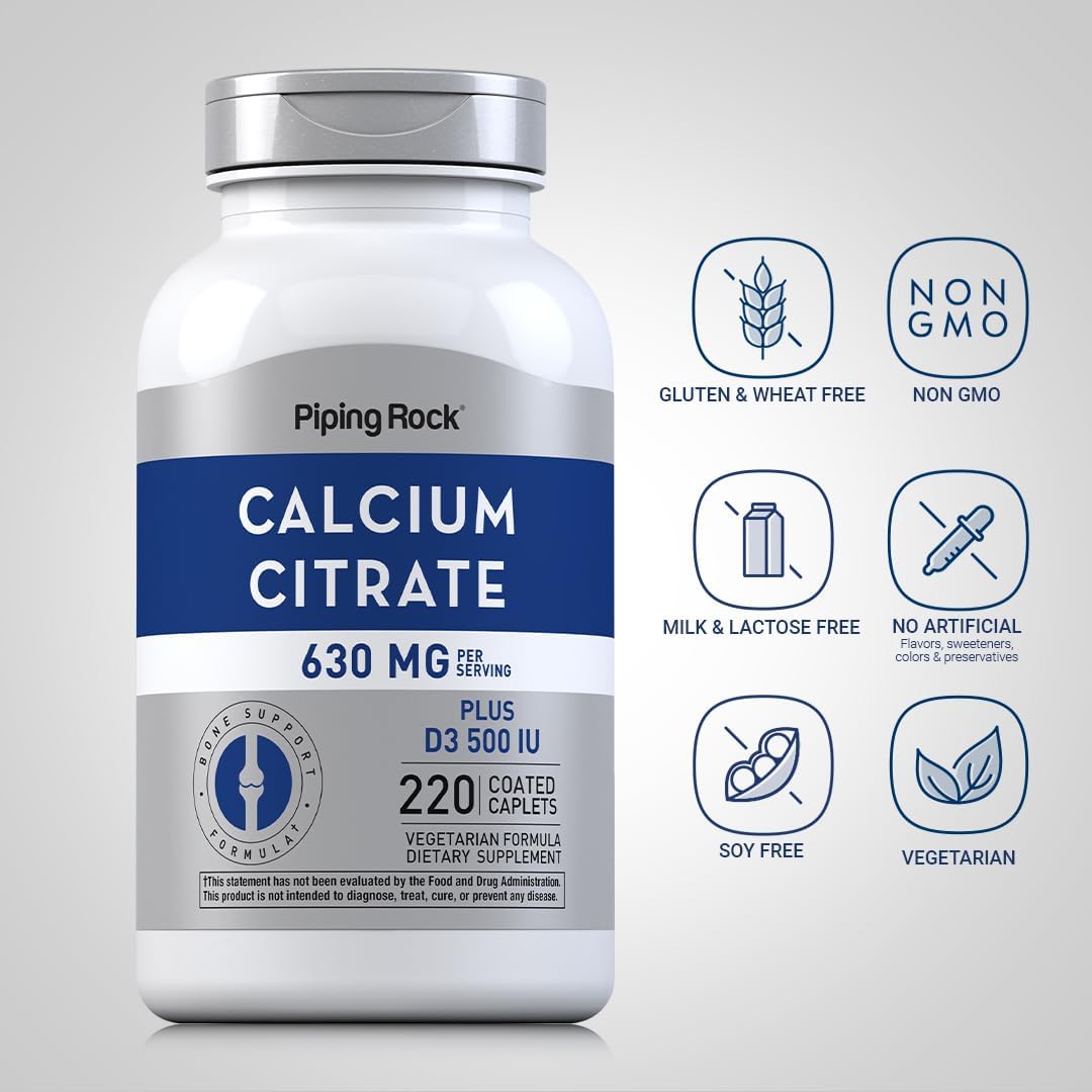 Calcium Citrate with Vitamin D3 Caplets for Women and Men - 630 mg - 220 Count - Vegetarian, Non-GMO, Gluten Free