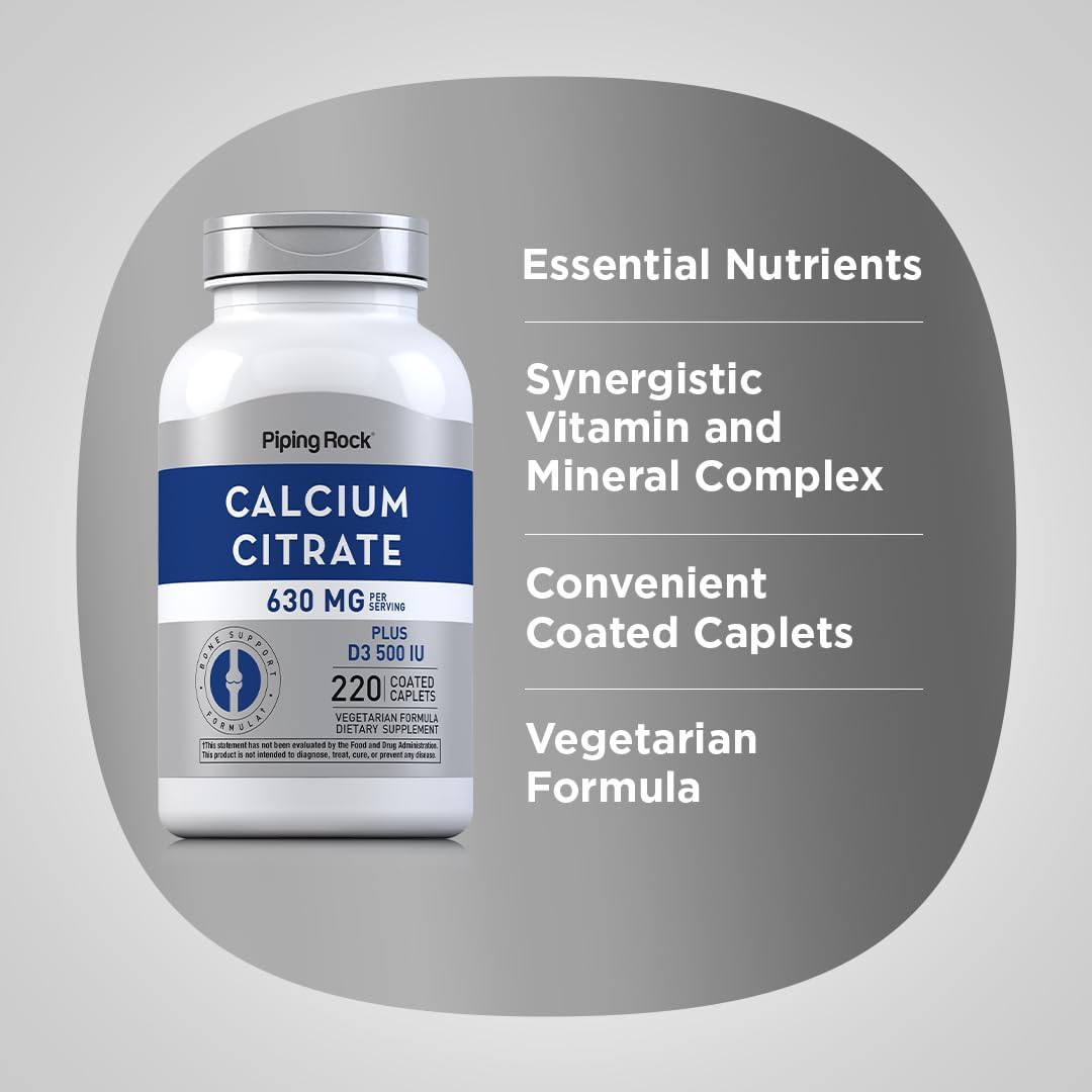 Calcium Citrate with Vitamin D3 Caplets for Women and Men - 630 mg - 220 Count - Vegetarian, Non-GMO, Gluten Free
