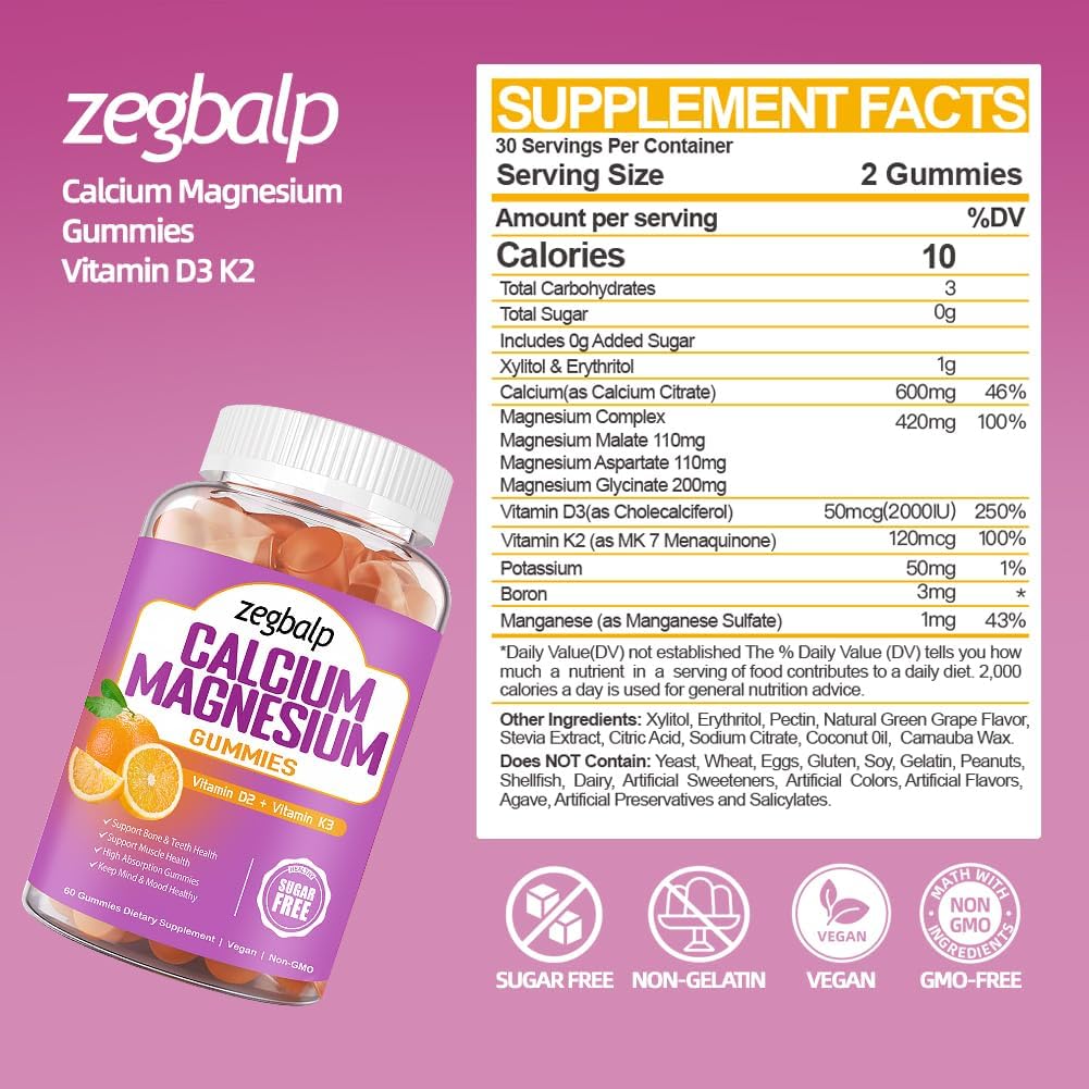 Calcium Magnesium Gummies with Vitamin D3 & K2 - Sugar Free Chewable Supplements for Bone, Muscle & Energy Support for Adults & Kids