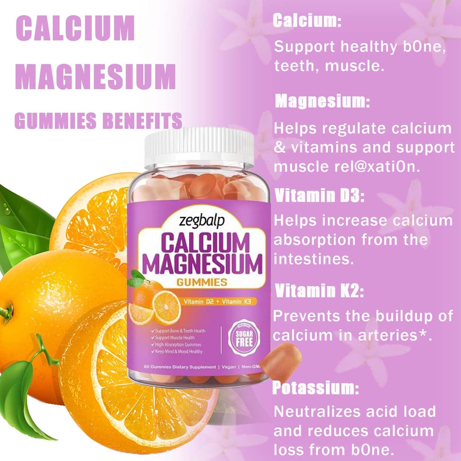 Calcium Magnesium Gummies with Vitamin D3 & K2 - Sugar Free Chewable Supplements for Bone, Muscle & Energy Support for Adults & Kids