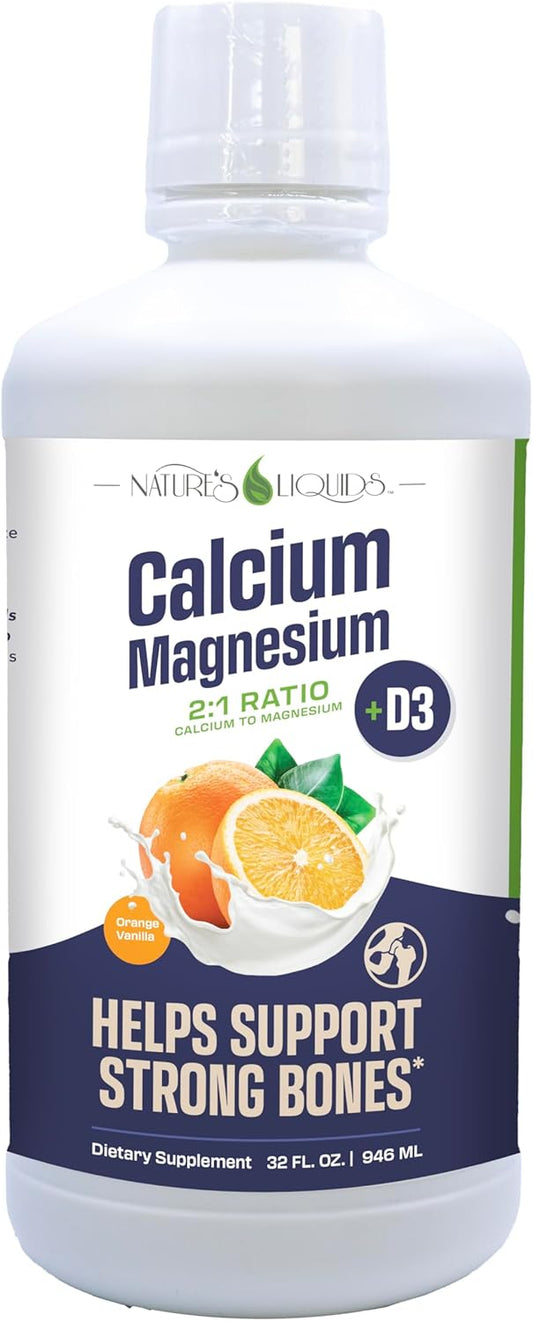 Calcium Magnesium Liquid Supplement with D3, Boron, Manganese - 2:1 Ratio for Strong Bones - Orange Vanilla Flavor - 32oz Bottle (32 Servings)