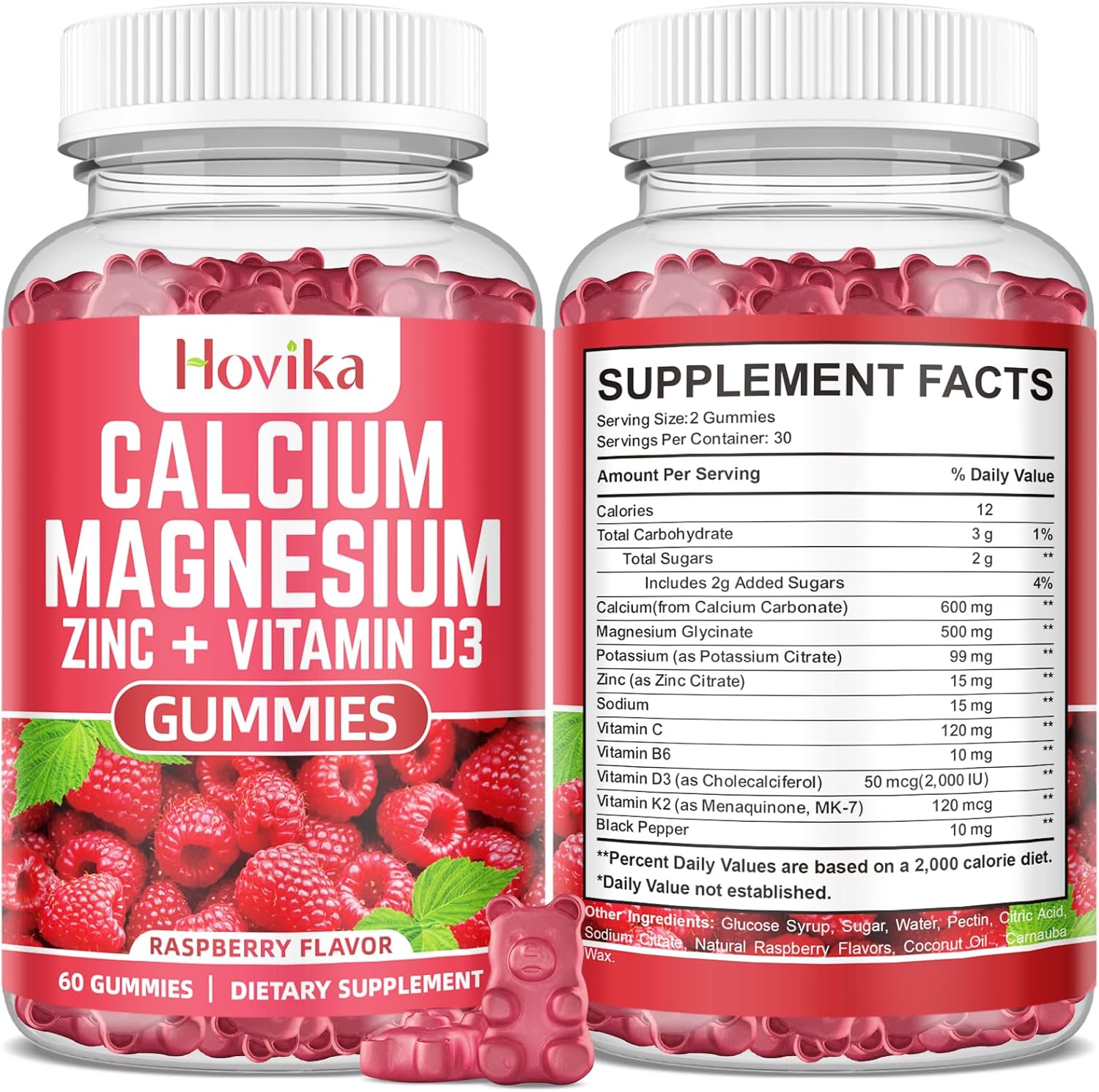 Calcium Magnesium Zinc Gummies with Potassium Vitamin C, B6, D3, K2 - Multi Vitamin Supplement for Bones, Muscles, Teeth, Calm, Mood - 2 Pack - 60 Count