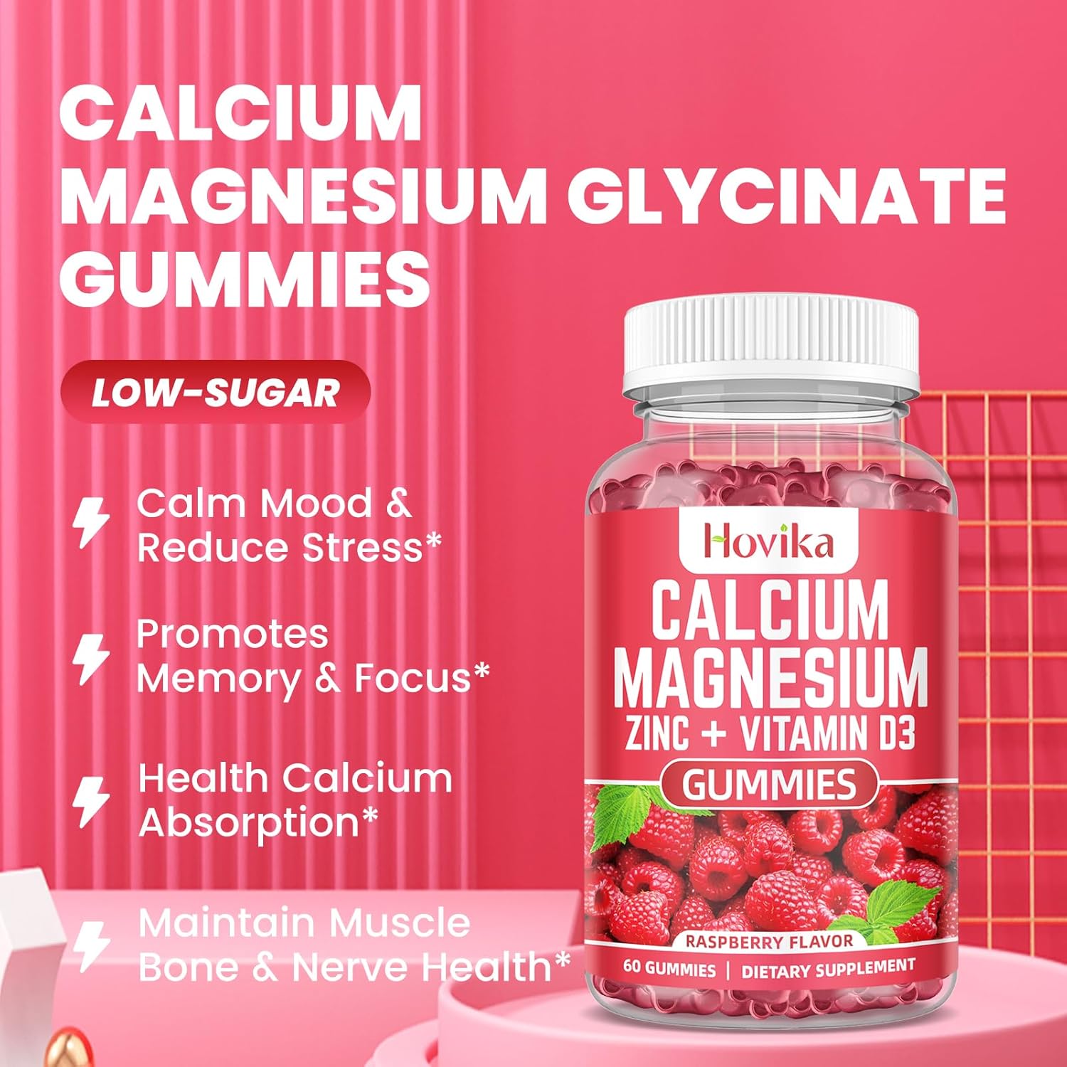 Calcium Magnesium Zinc Gummies with Potassium Vitamin C, B6, D3, K2 - Multi Vitamin Supplement for Bones, Muscles, Teeth, Calm, Mood - 2 Pack - 60 Count