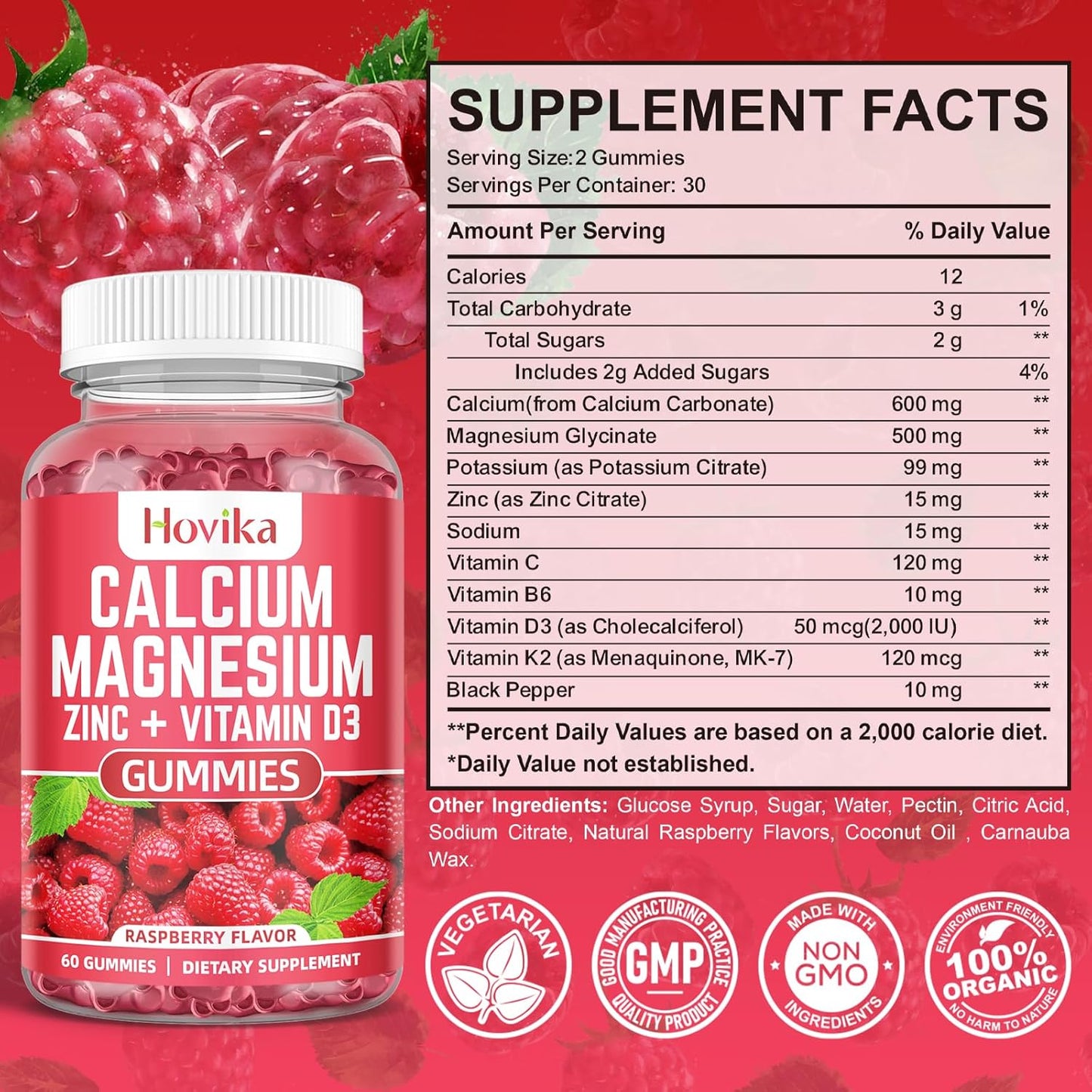 Calcium Magnesium Zinc Gummies with Potassium Vitamin C, B6, D3, K2 - Multi Vitamin Supplement for Bones, Muscles, Teeth, Calm, Mood - 2 Pack - 60 Count
