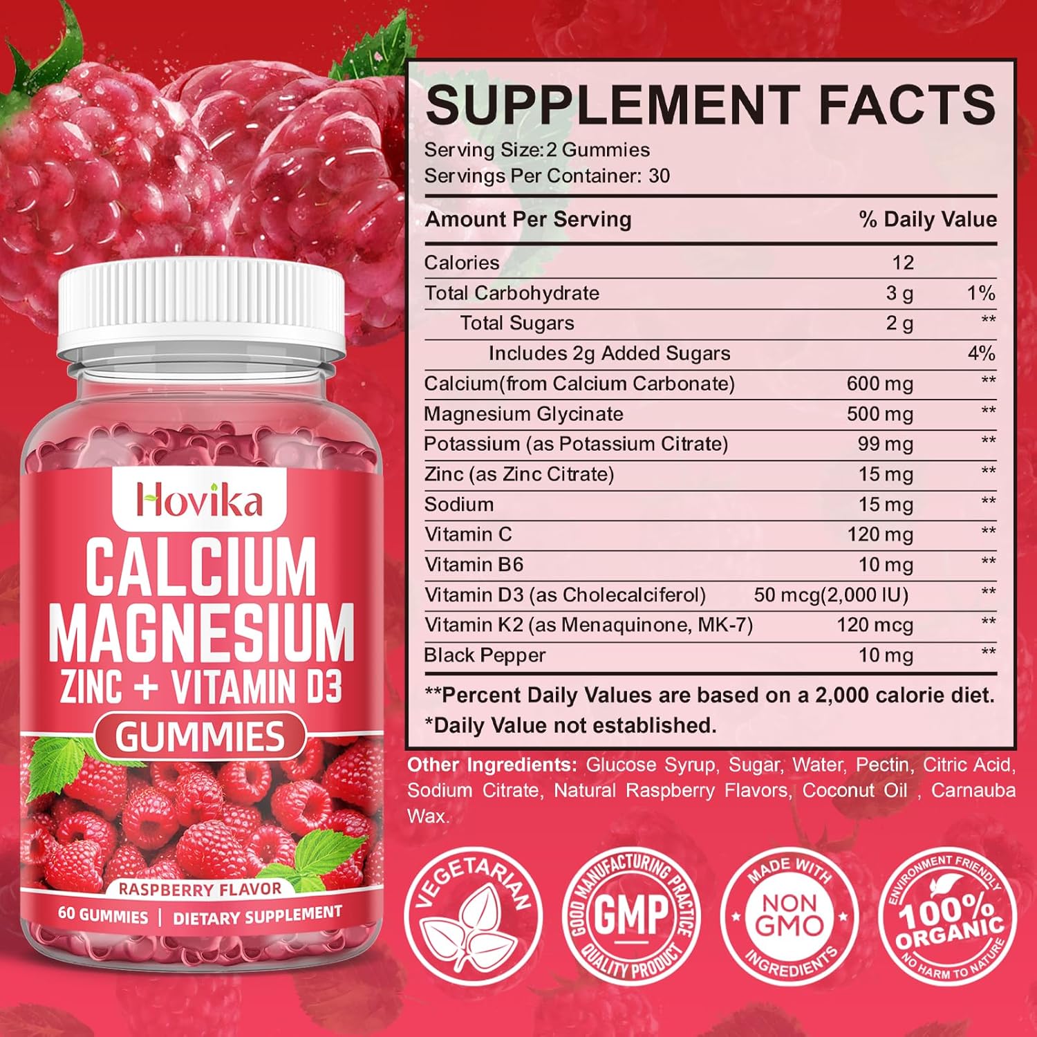 Calcium Magnesium Zinc Gummies with Potassium Vitamin C, B6, D3, K2 - Multi Vitamin Supplement for Bones, Muscles, Teeth, Calm, Mood - 2 Pack - 60 Count