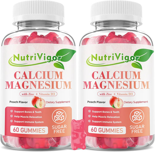 Calcium Magnesium Zinc Gummies with Vitamin D3 for Bone & Immune Support, Vegan Peach Flavor, 120 Count