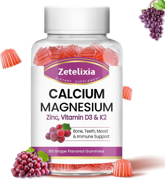 Calcium Magnesium Zinc Gummies with Vitamin D3 & K2 for Bone Health - 60 Count, Grape Flavor, Men and Women Dietary Supplement