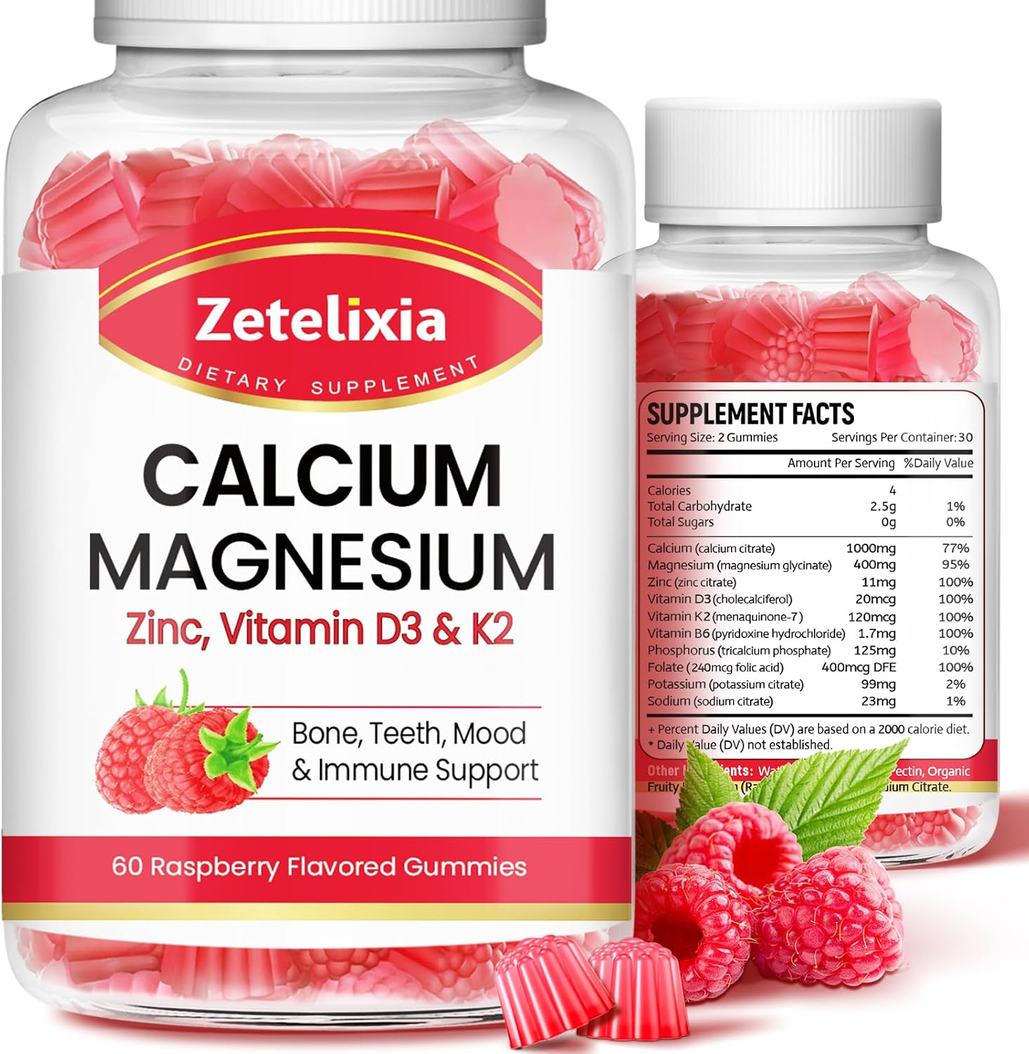 Calcium Magnesium Zinc Gummies with Vitamin D3 & K2 for Bone Health - Raspberry Flavor - 120 Count