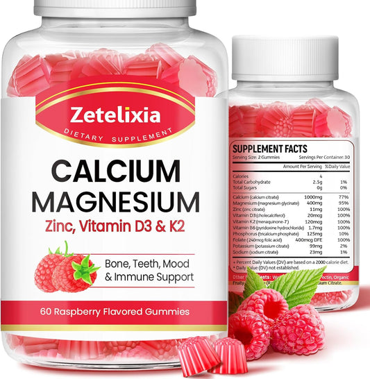 Calcium Magnesium Zinc Gummies with Vitamin D3 & K2 for Bone Health - Raspberry Flavor - 120 Count