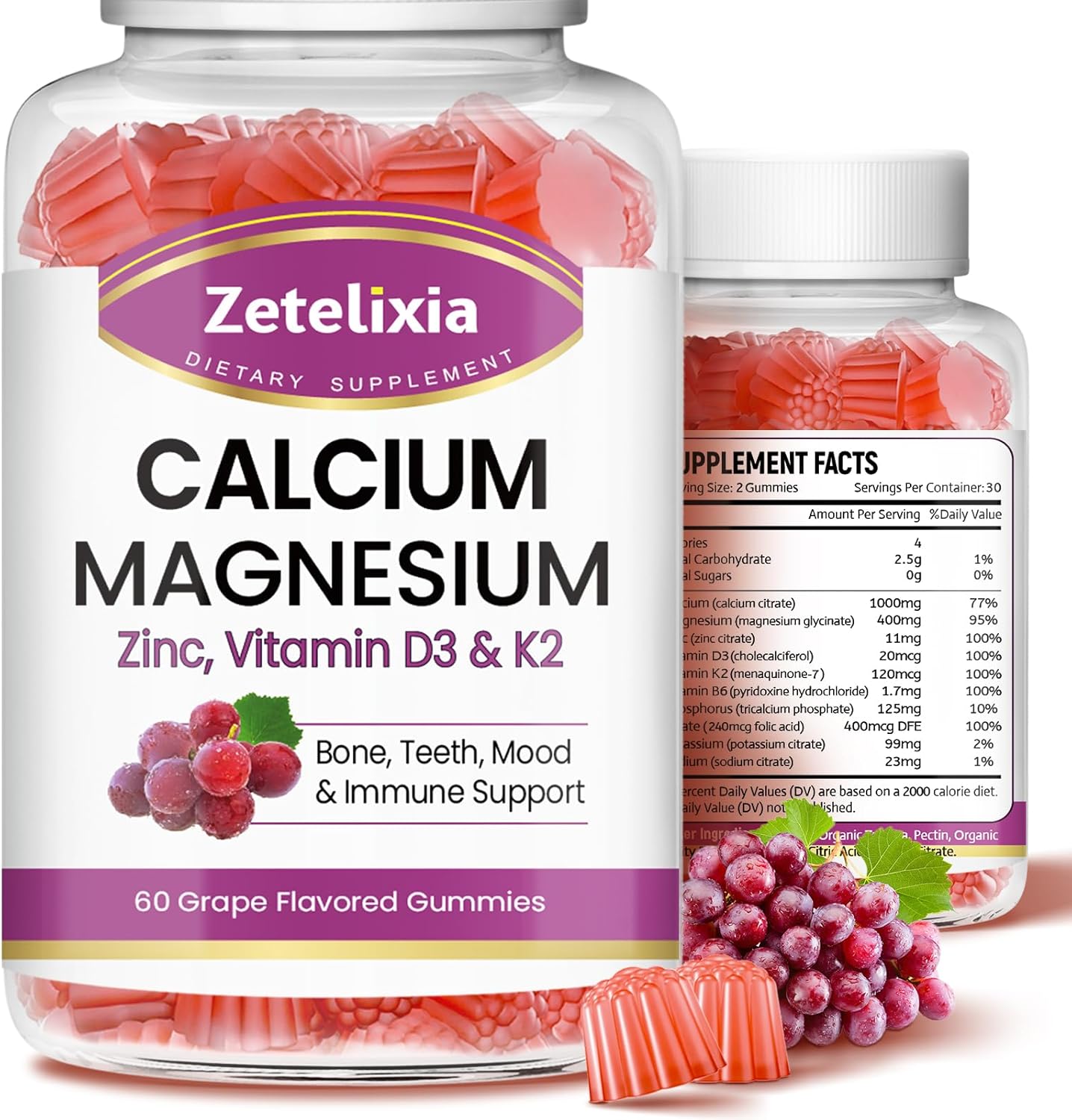 Calcium Magnesium Zinc Gummies with Vitamin D3 & K2 for Bone Health, 120 Grape Flavor Gummies for Women and Men