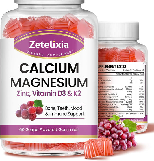 Calcium Magnesium Zinc Gummies with Vitamin D3 & K2 for Bone Health, 120 Grape Flavor Gummies for Women and Men