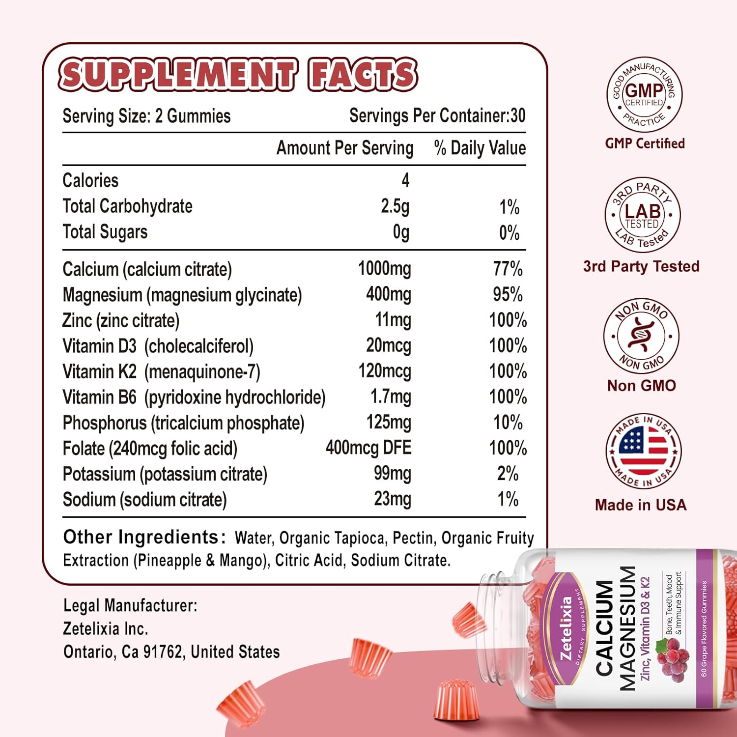 Calcium Magnesium Zinc Gummies with Vitamin D3 & K2 for Bone Health, 120 Grape Flavor Gummies for Women and Men