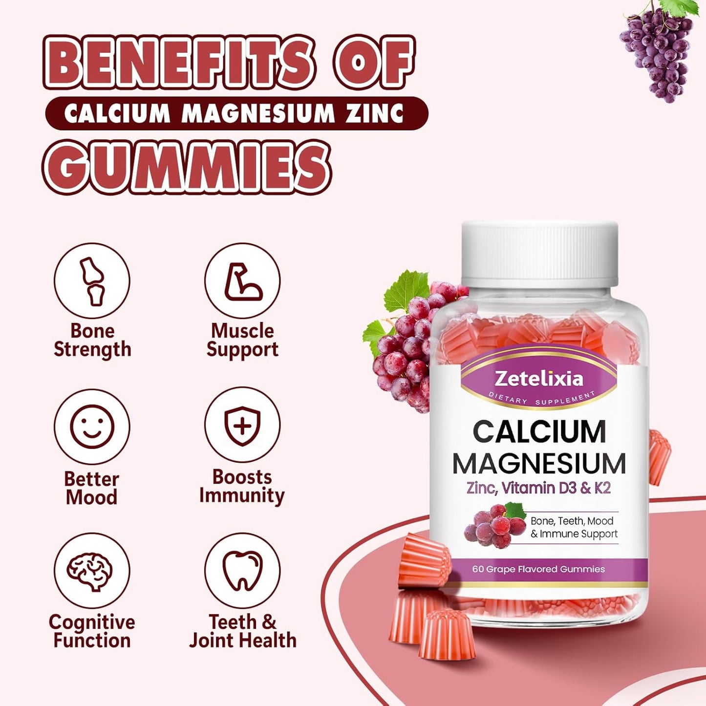 Calcium Magnesium Zinc Gummies with Vitamin D3 & K2 for Bone Health - 60 Count, Grape Flavor, Men and Women Dietary Supplement