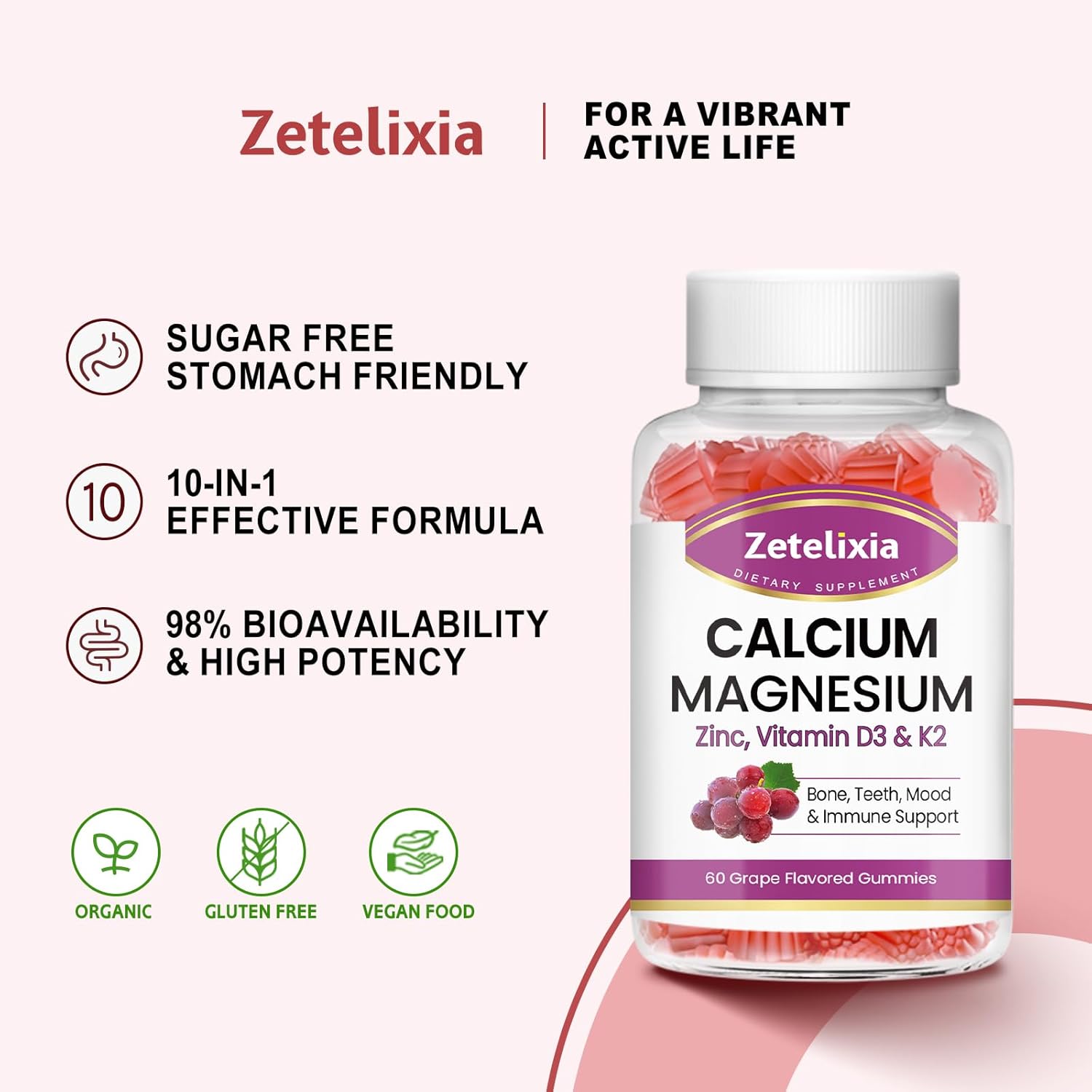 Calcium Magnesium Zinc Gummies with Vitamin D3 & K2 for Bone Health, 120 Grape Flavor Gummies for Women and Men