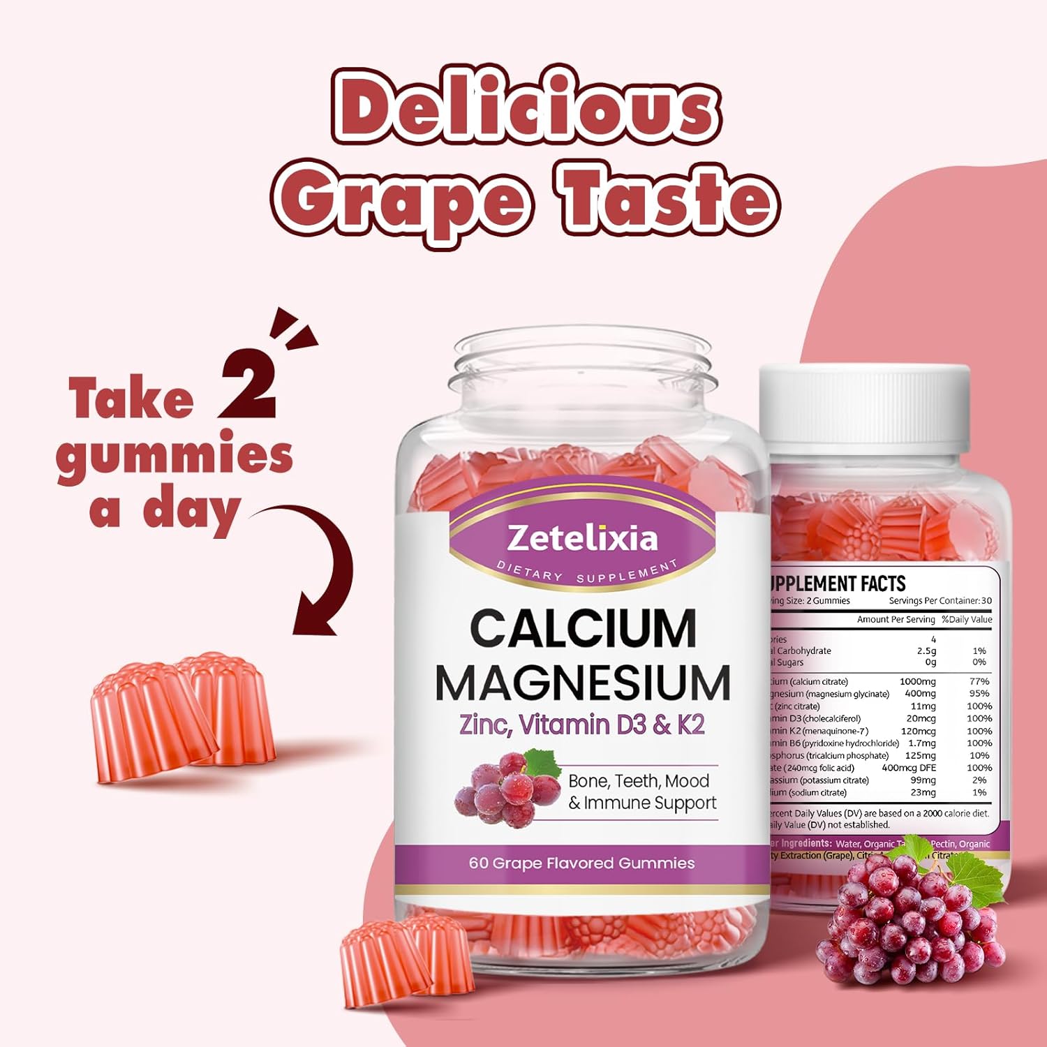 Calcium Magnesium Zinc Gummies with Vitamin D3 & K2 for Bone Health, 120 Grape Flavor Gummies for Women and Men