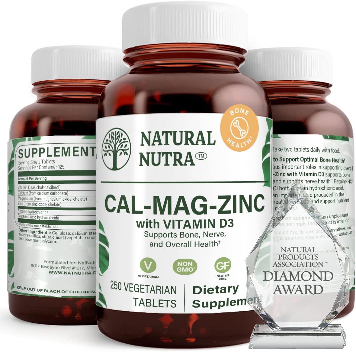 Calcium Magnesium Zinc Supplement with Vitamin D3 for Bone Strength and Nerve Health - Gluten and Sugar-Free Mineral Complex - 250 Count
