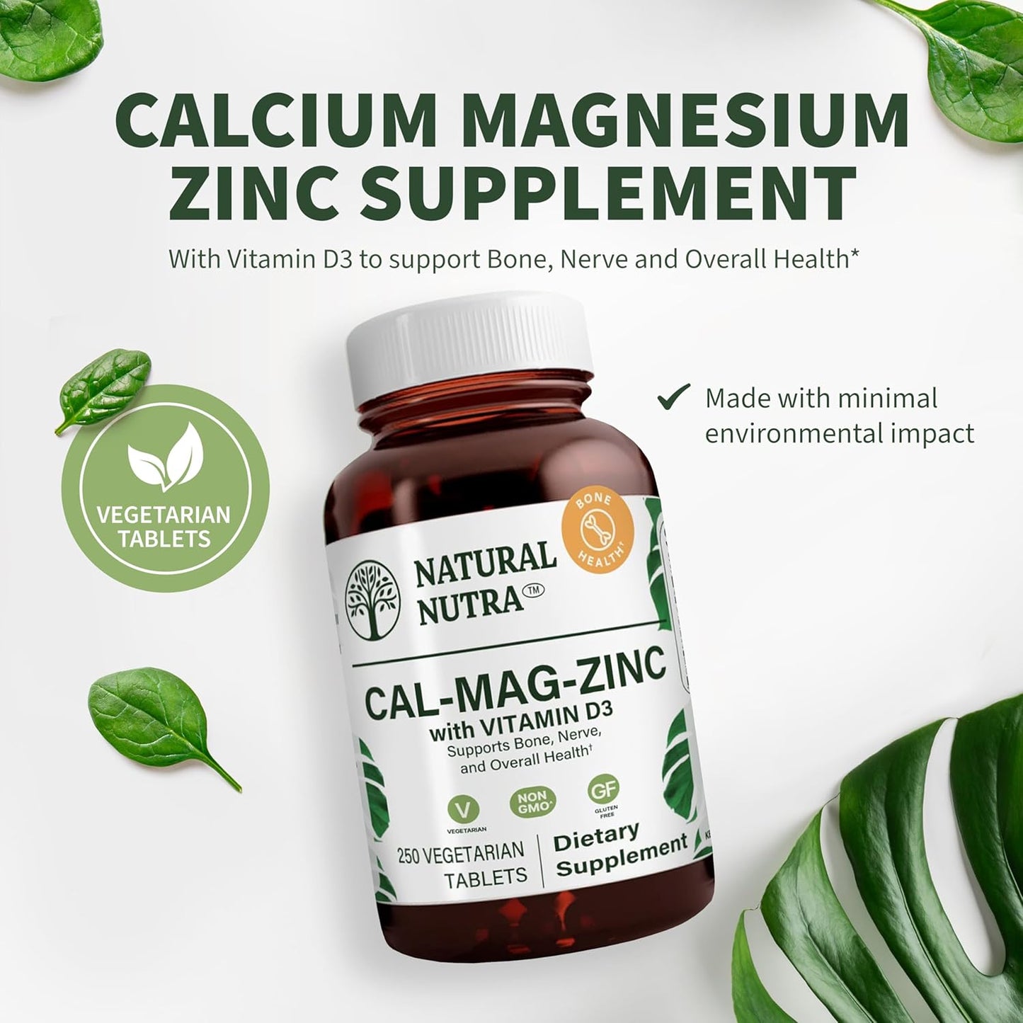 Calcium Magnesium Zinc Supplement with Vitamin D3 for Bone Strength and Nerve Health - Gluten and Sugar-Free Mineral Complex - 250 Count
