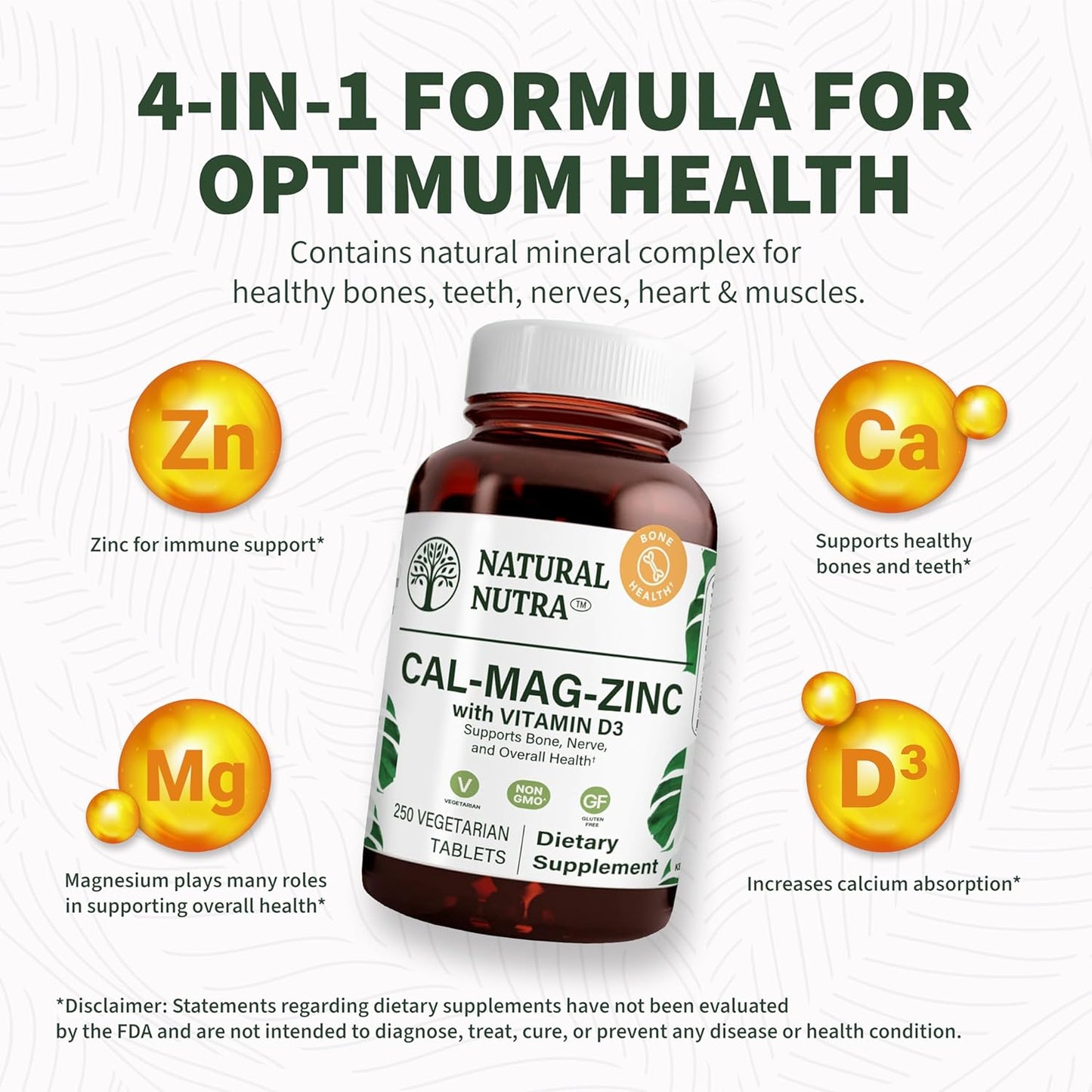Calcium Magnesium Zinc Supplement with Vitamin D3 for Bone Strength and Nerve Health - Gluten and Sugar-Free Mineral Complex - 250 Count