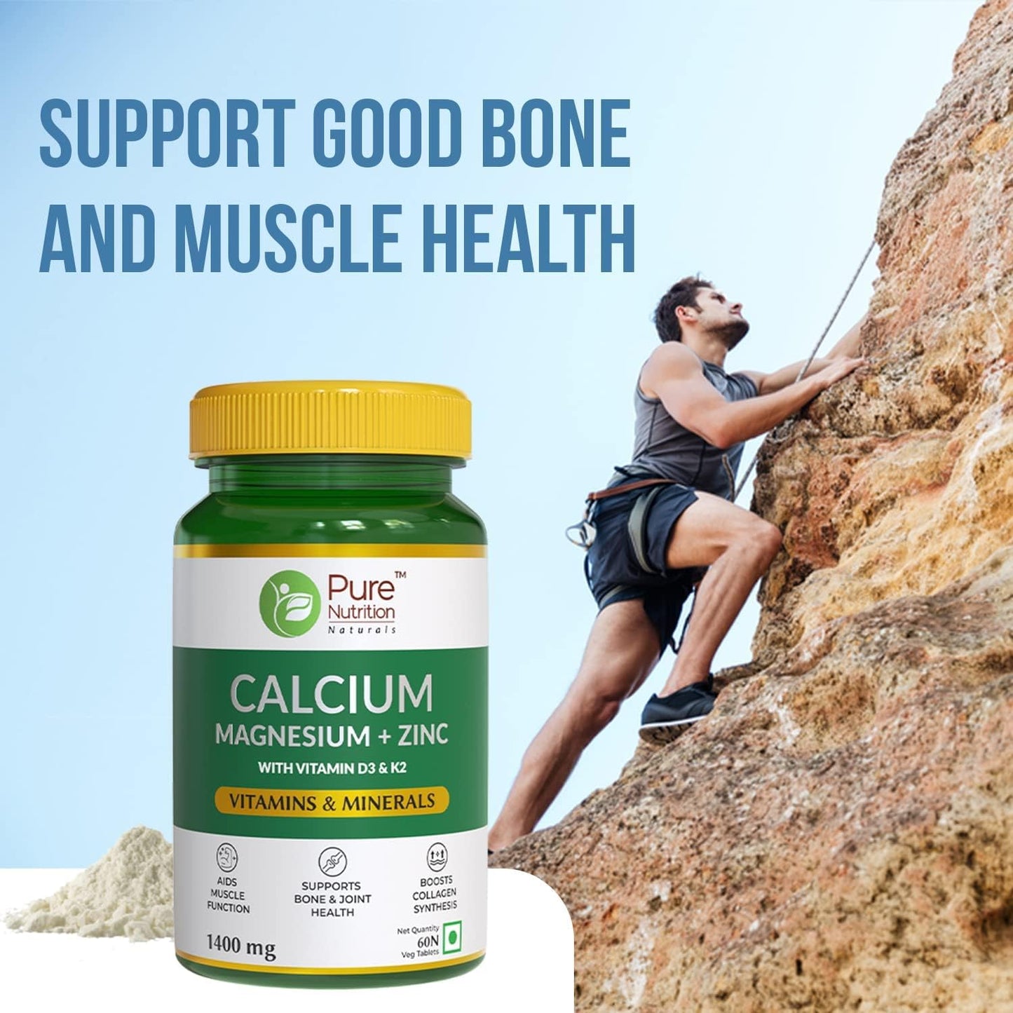 Calcium Magnesium Zinc Tablets with Vitamin D3 & K2, Muscle Health Supplement for Men & Women, Natural Formula