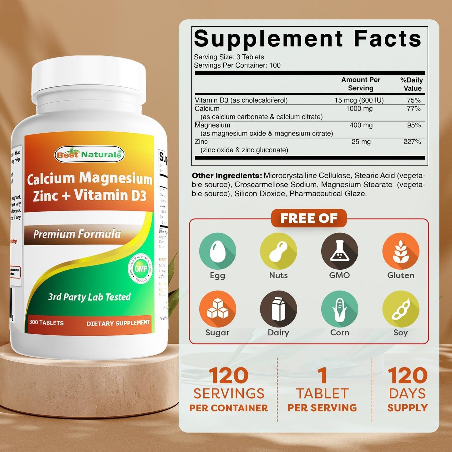 Calcium Magnesium Zinc with Vitamin D3 Supplement - 300 Tablets, 1000mg Calcium, 400mg Magnesium, 25mg Zinc, 600 IU D3 per Serving