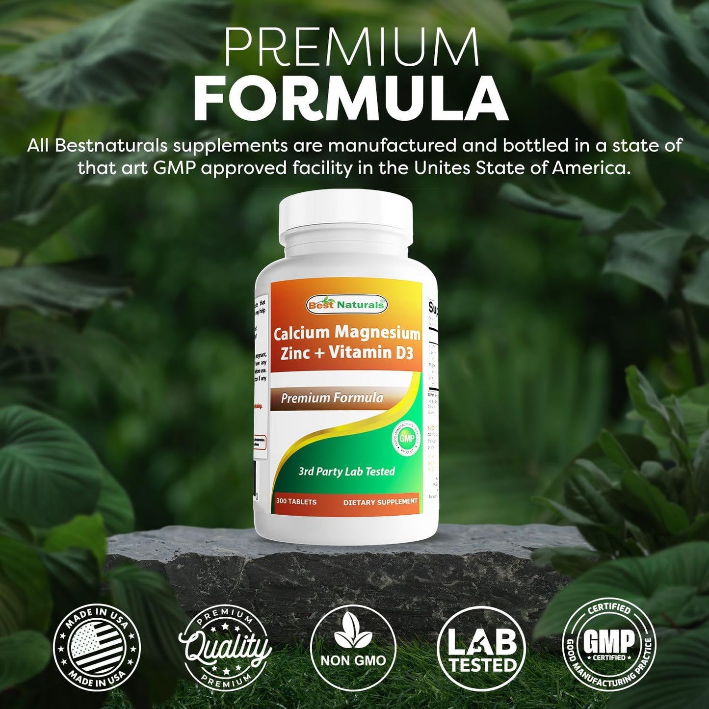 Calcium Magnesium Zinc with Vitamin D3 Supplement - 300 Tablets, 1000mg Calcium, 400mg Magnesium, 25mg Zinc, 600 IU D3 per Serving