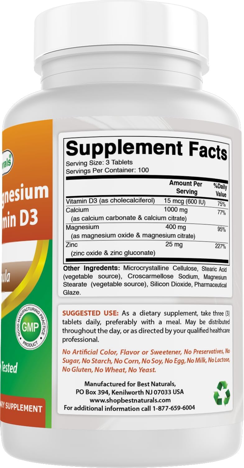 Calcium Magnesium Zinc with Vitamin D3 Supplement - 300 Tablets, 1000mg Calcium, 400mg Magnesium, 25mg Zinc, 600 IU D3 per Serving