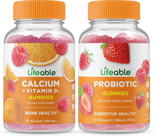 Calcium & Vitamin D Gummies Bundle with Probiotic - Tasty Supplement, Gluten & GMO Free, Chewable Formula