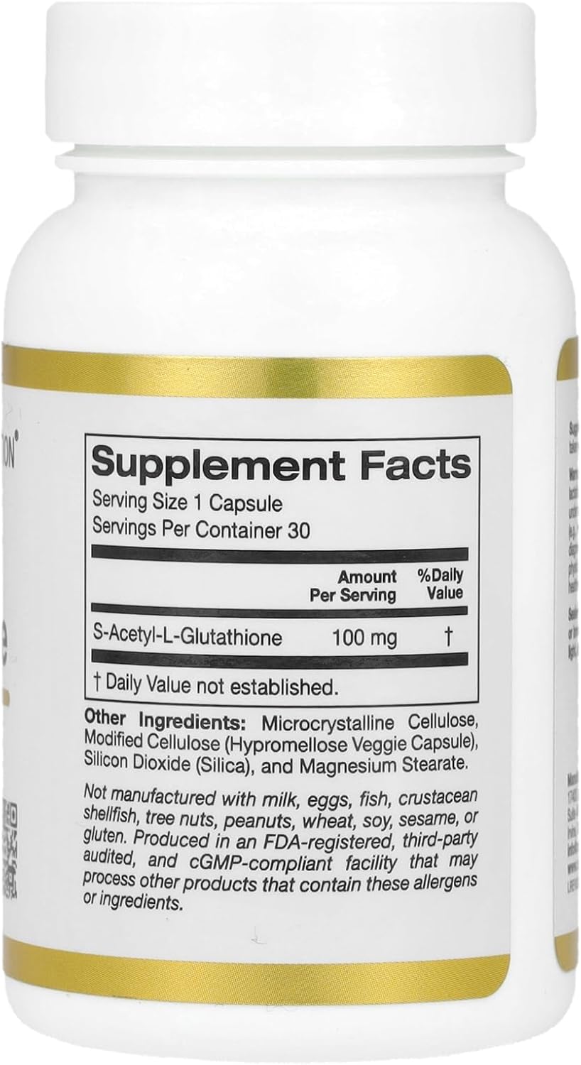 California Gold Nutrition 100 mg S-Acetyl L-Glutathione Capsules - 30 Veggie Caps for Antioxidant Support