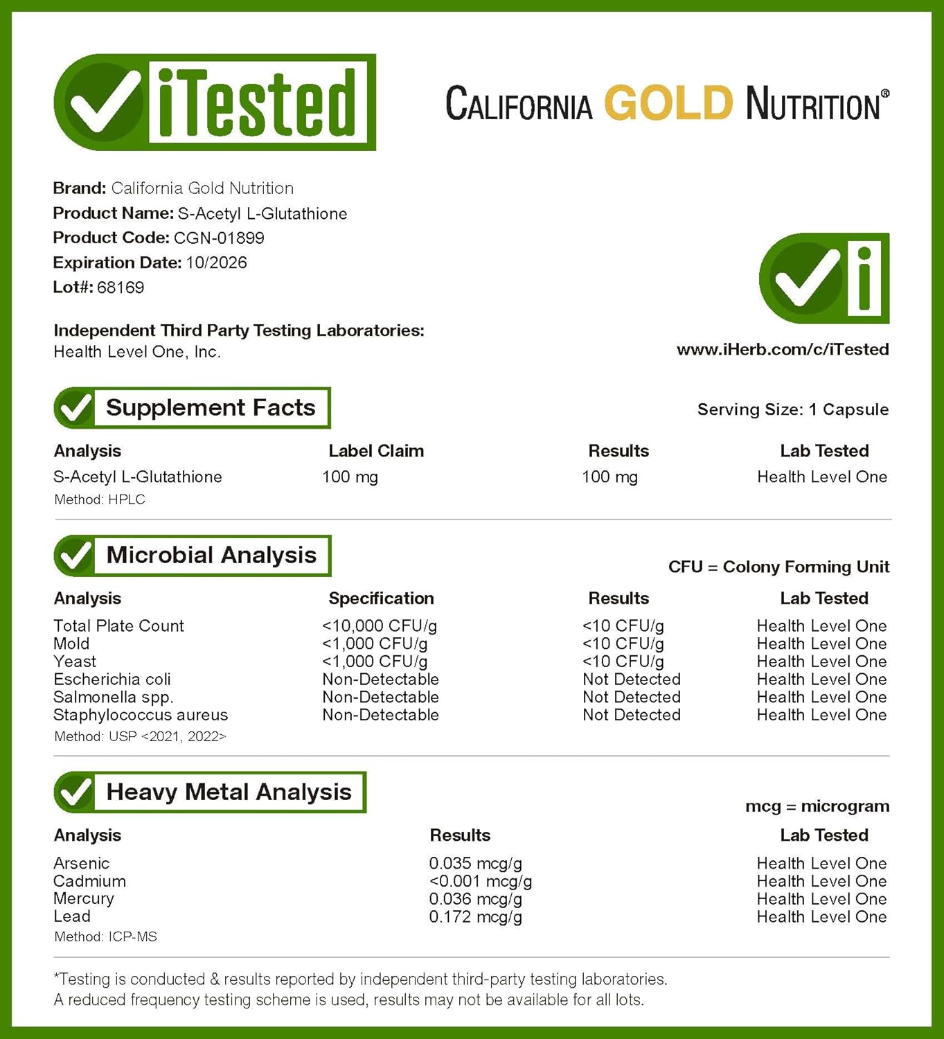 California Gold Nutrition 100 mg S-Acetyl L-Glutathione Capsules - 30 Veggie Caps for Antioxidant Support