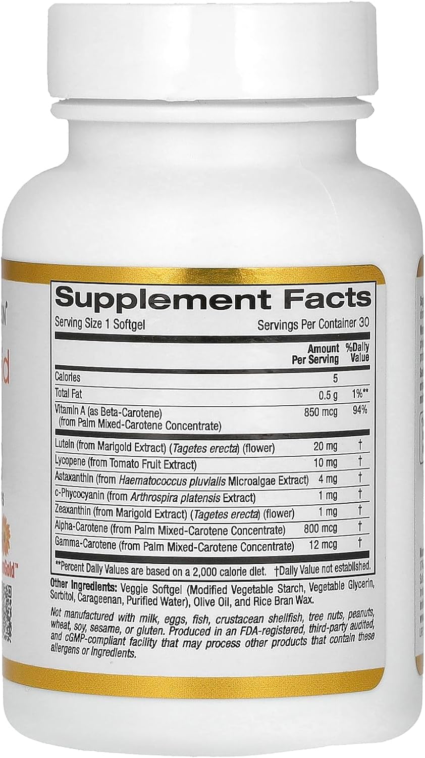 California Gold Nutrition Astaxanthin Carotenoid Complex with Lutein, Lycopene, Astaxanthin - 30 Veggie Softgels
