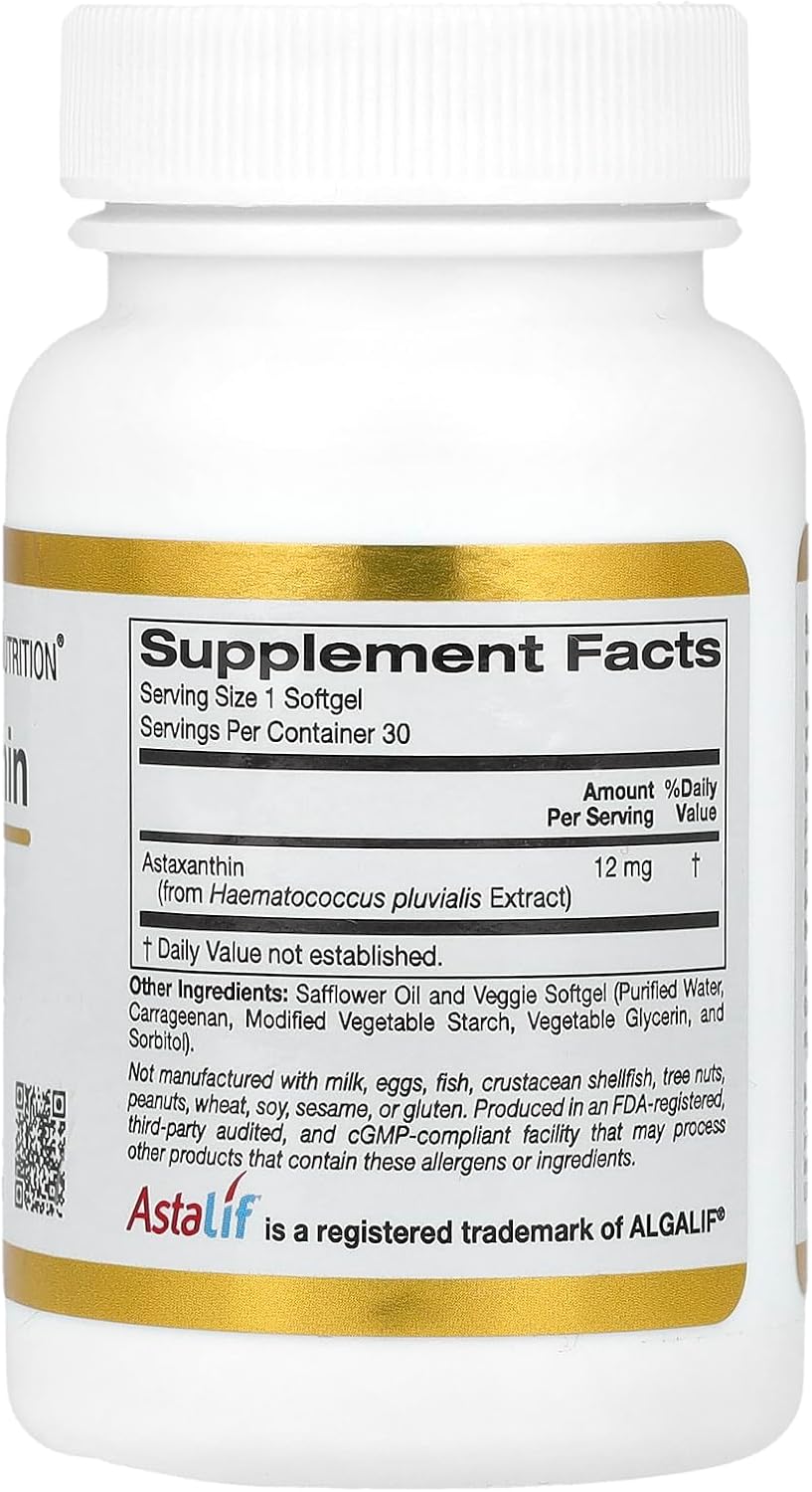 California Gold Nutrition Astaxanthin Softgels - 12mg, 30 Count - AstaLif® Pure Icelandic Astaxanthin, Gluten-Free & Non-GMO