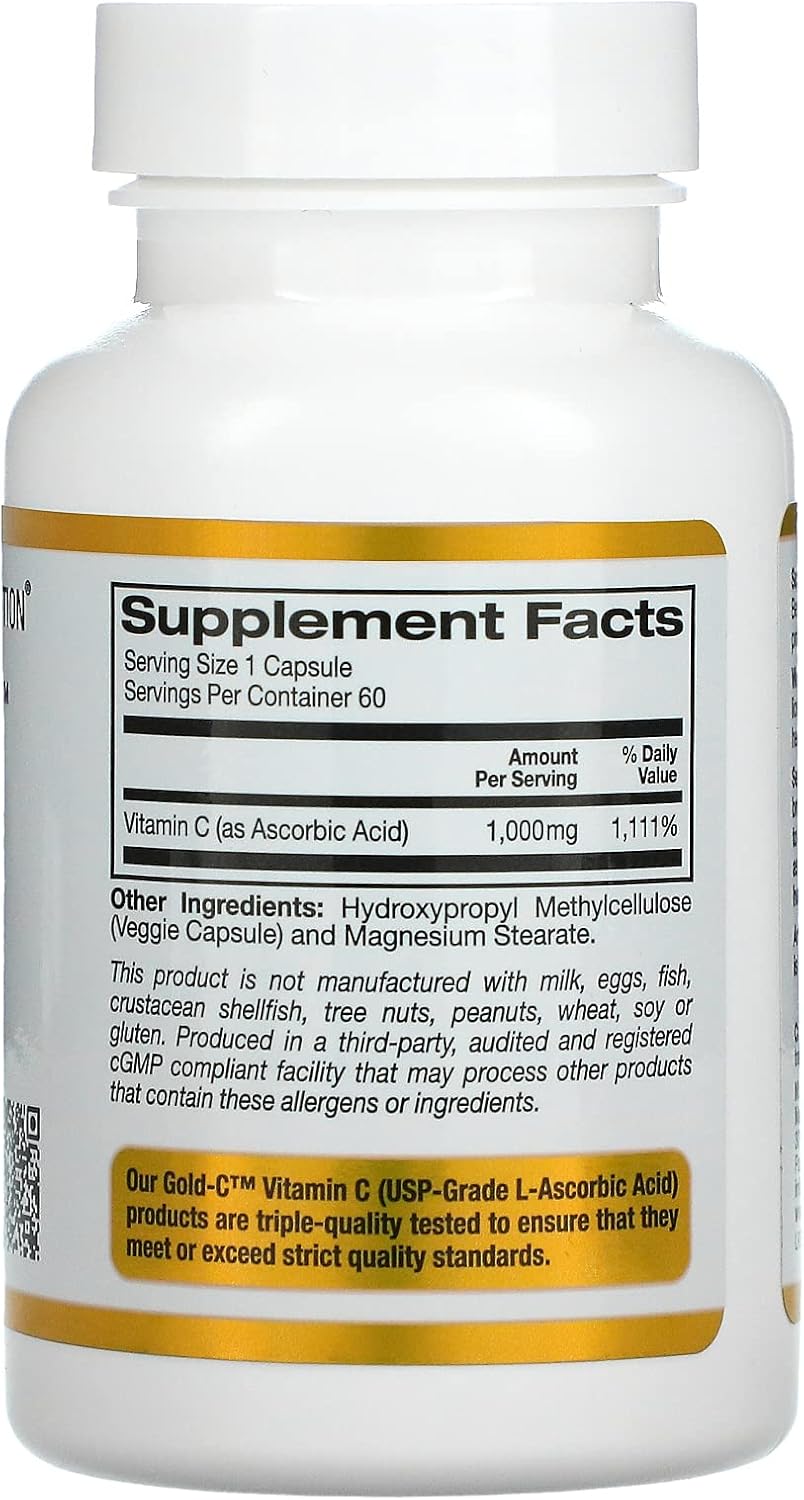 California Gold Nutrition Gold C - 1000 mg Vitamin C Supplement, Immune Support, Seasonal Wellness - USP Grade, Vegetarian, Gluten-Free, Non-GMO - 60 Veggie Capsules x3 Pack
