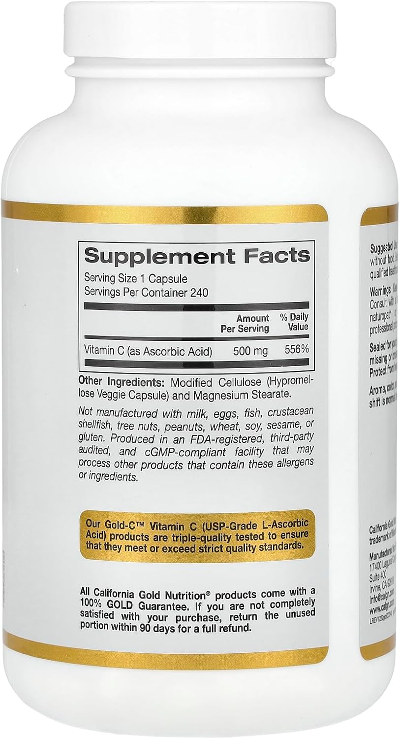 California Gold Nutrition Gold C 500mg Vitamin C Supplement - Immune Support & Wellness - 240 Veggie Capsules - USP Grade, Vegetarian & Non-GMO