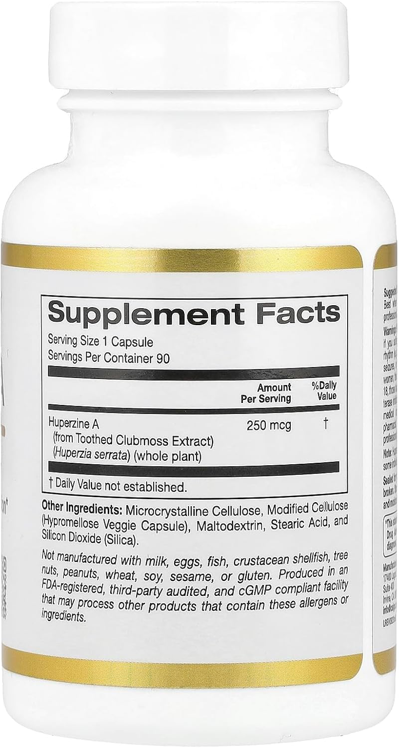 California Gold Nutrition Huperzine A Capsules - Memory & Cognitive Support - Vegan, Gluten-Free, Non-GMO - 250 mcg, 90 Count