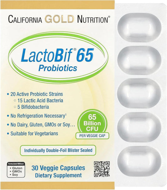 California Gold Nutrition LactoBif Probiotics: 65 Billion CFU, 20 Strains, Soy-Free, Sugar-Free, Vegetarian - 30 Capsules