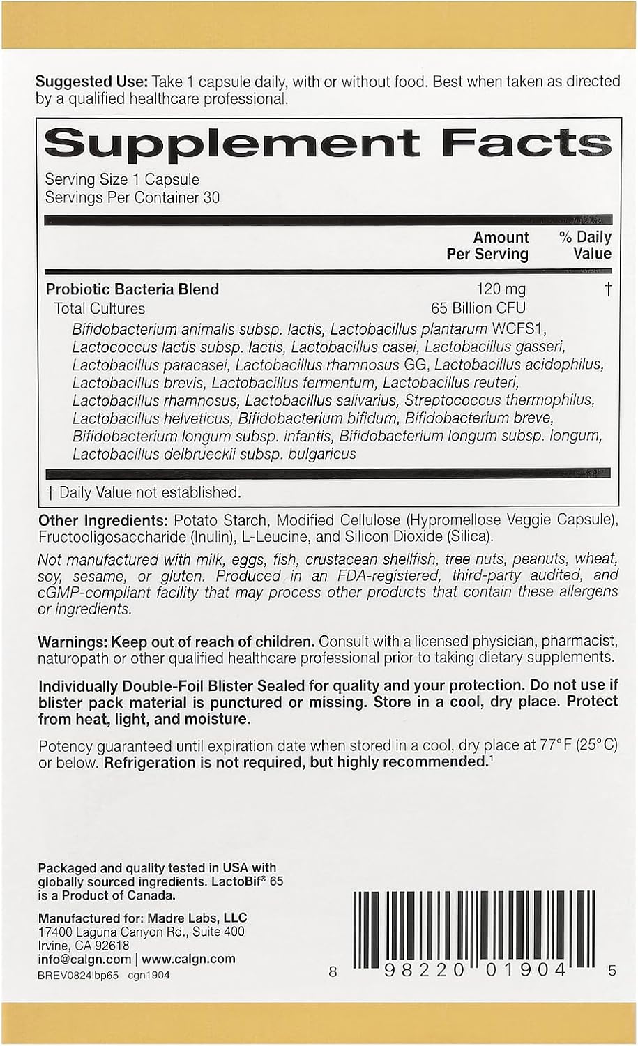 California Gold Nutrition LactoBif Probiotics: 65 Billion CFU, 20 Strains, Soy-Free, Sugar-Free, Vegetarian - 30 Capsules