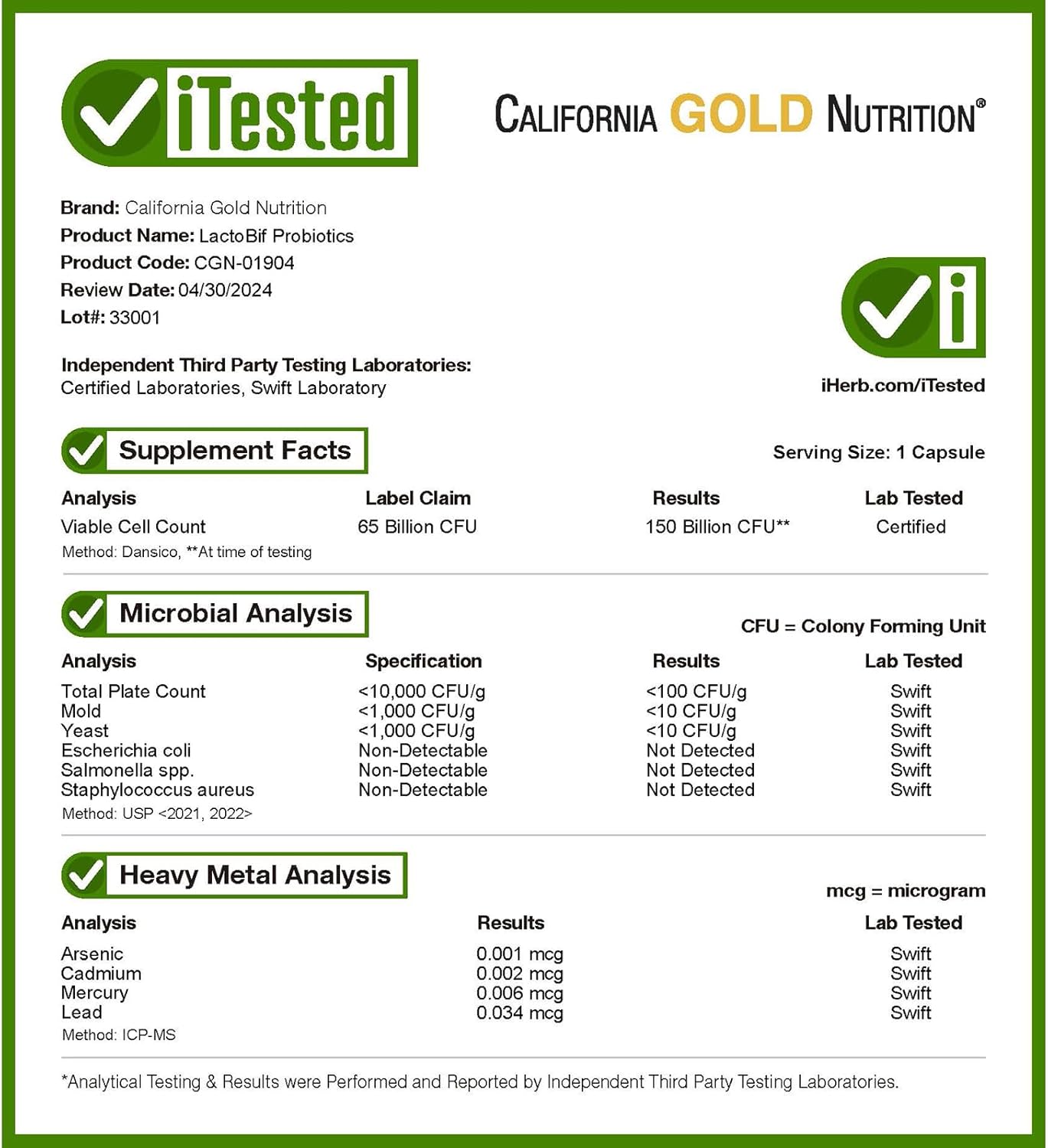 California Gold Nutrition LactoBif Probiotics: 65 Billion CFU, 20 Strains, Soy-Free, Sugar-Free, Vegetarian - 30 Capsules