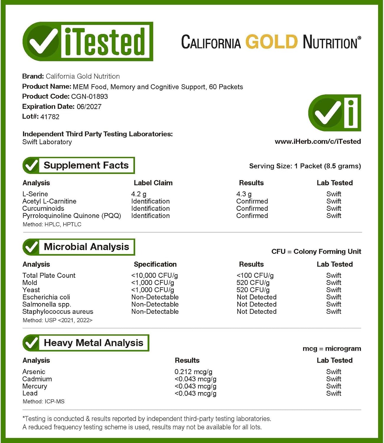 California Gold Nutrition MEM Food for Memory & Cognitive Support - 60 Packets, 0.3 oz (8.5 g) Each