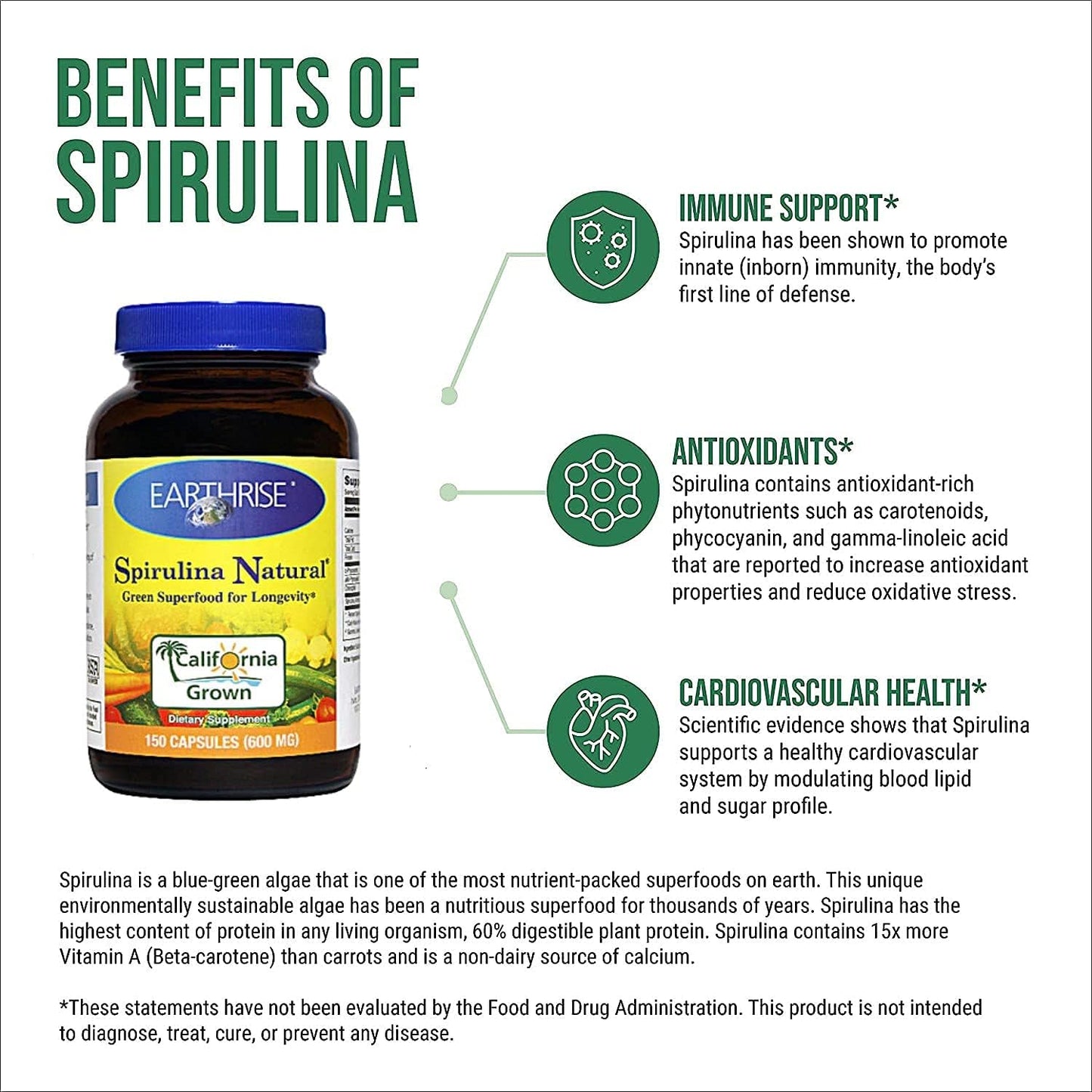 California Natural Premium Earthrise Spirulina Capsules 600mg - 150 Count, Vegan Keto Superfood, Gluten-Free & Non-GMO, Rich in Vitamins & Minerals
