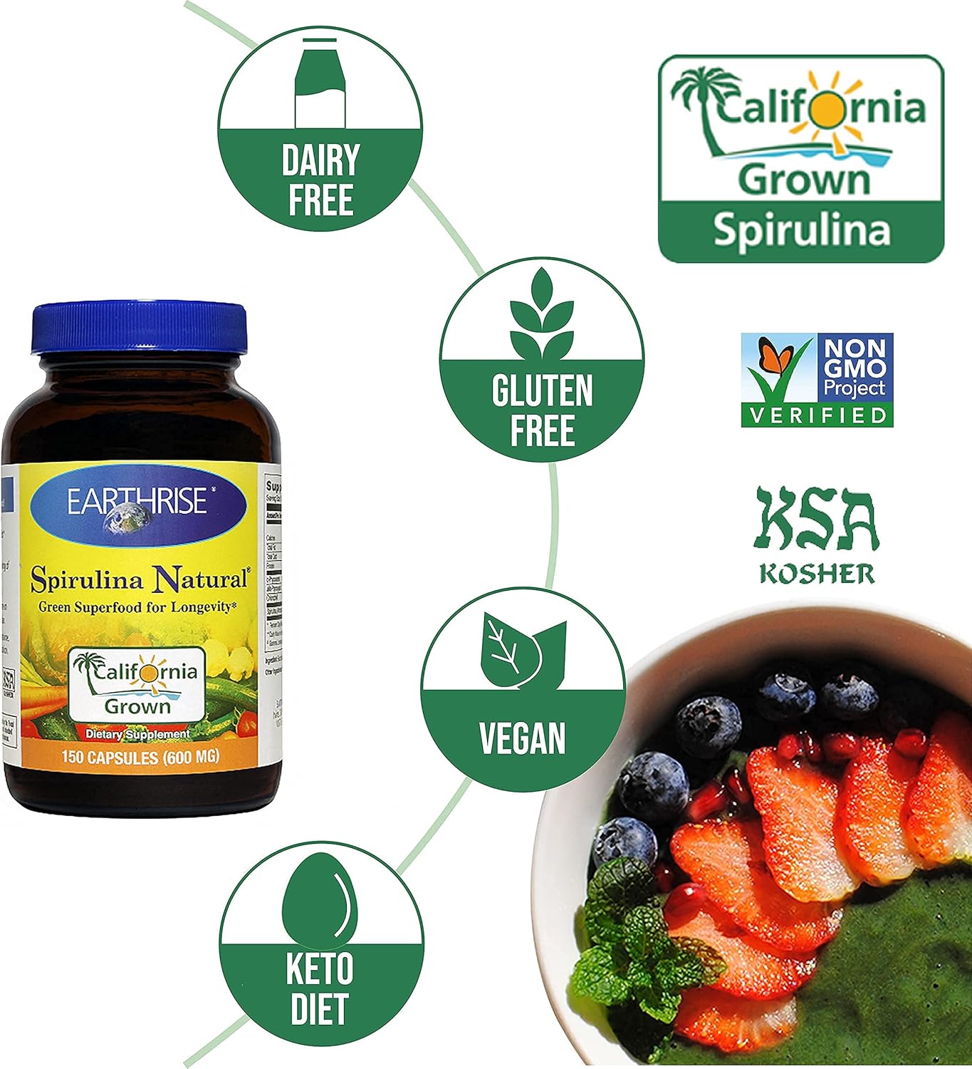 California Natural Premium Earthrise Spirulina Capsules 600mg - 150 Count, Vegan Keto Superfood, Gluten-Free & Non-GMO, Rich in Vitamins & Minerals