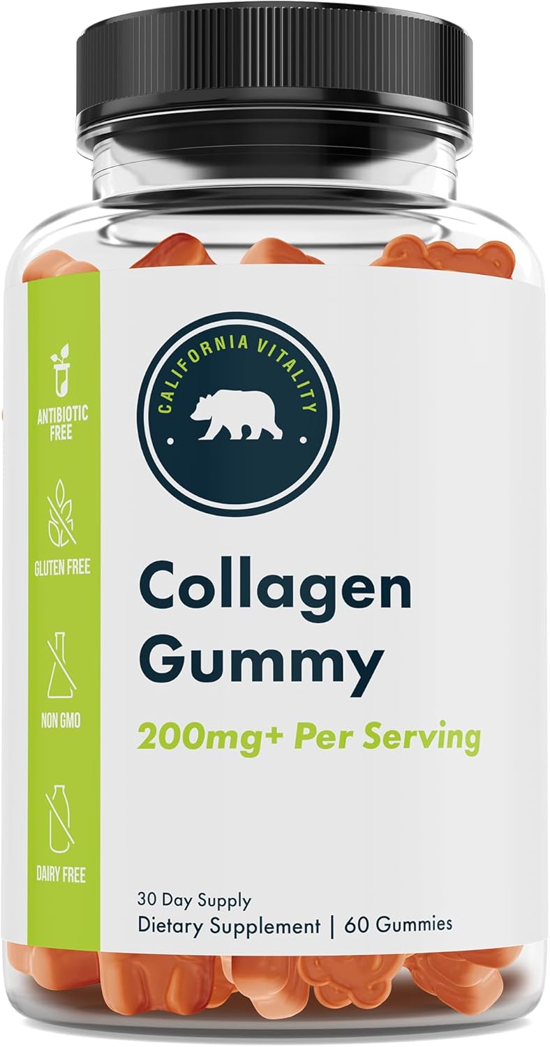 California Vitality Collagen Gummy 200mg+ with Vitamin C, E, Biotin, and Zinc - Overall Support - Gluten-Free, Non-GMO, Dairy-Free - 60 Gummies - Made in USA - 1 Month Supply