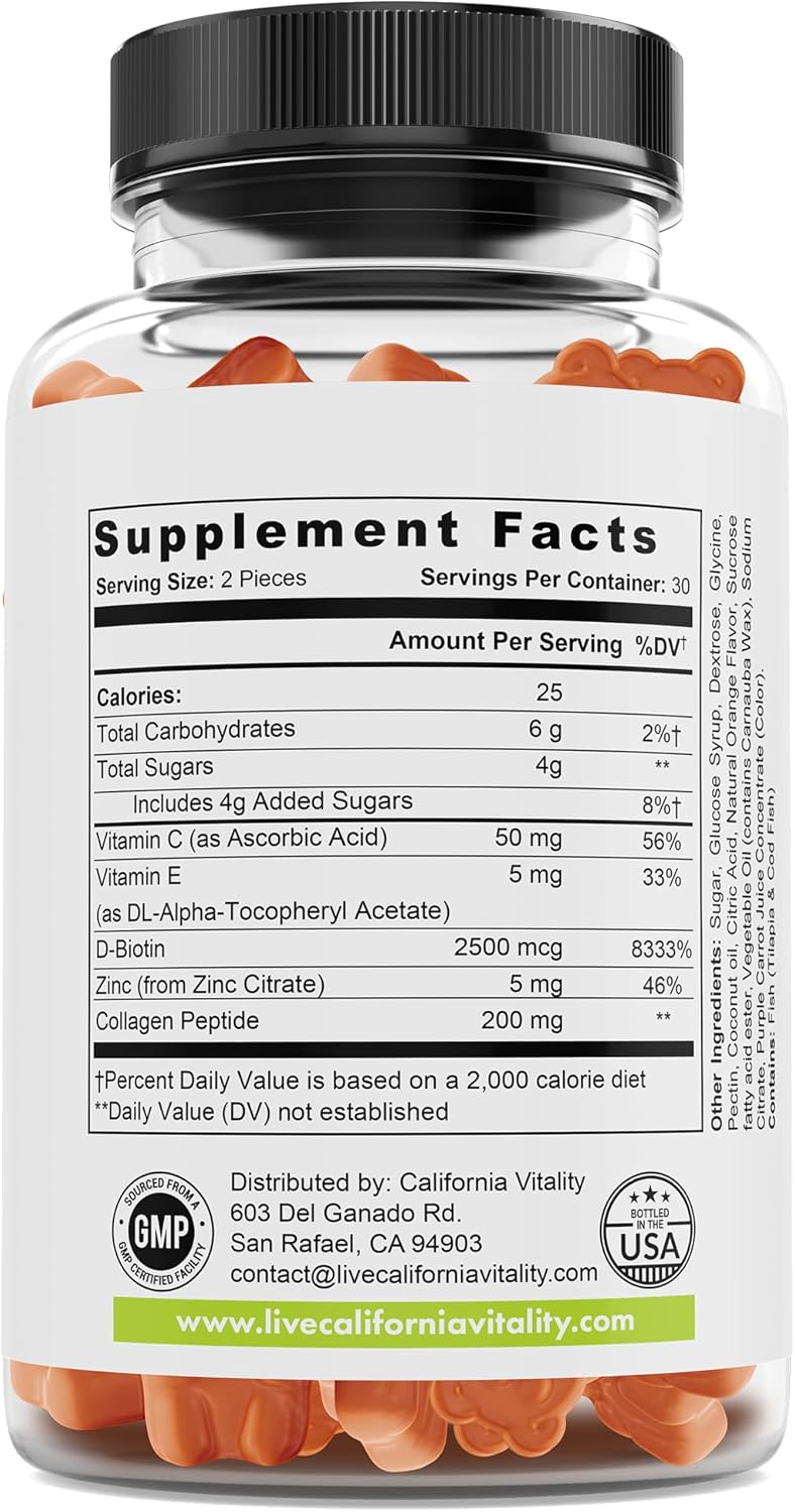 California Vitality Collagen Gummy 200mg+ with Vitamin C, E, Biotin, and Zinc - Overall Support - Gluten-Free, Non-GMO, Dairy-Free - 60 Gummies - Made in USA - 1 Month Supply